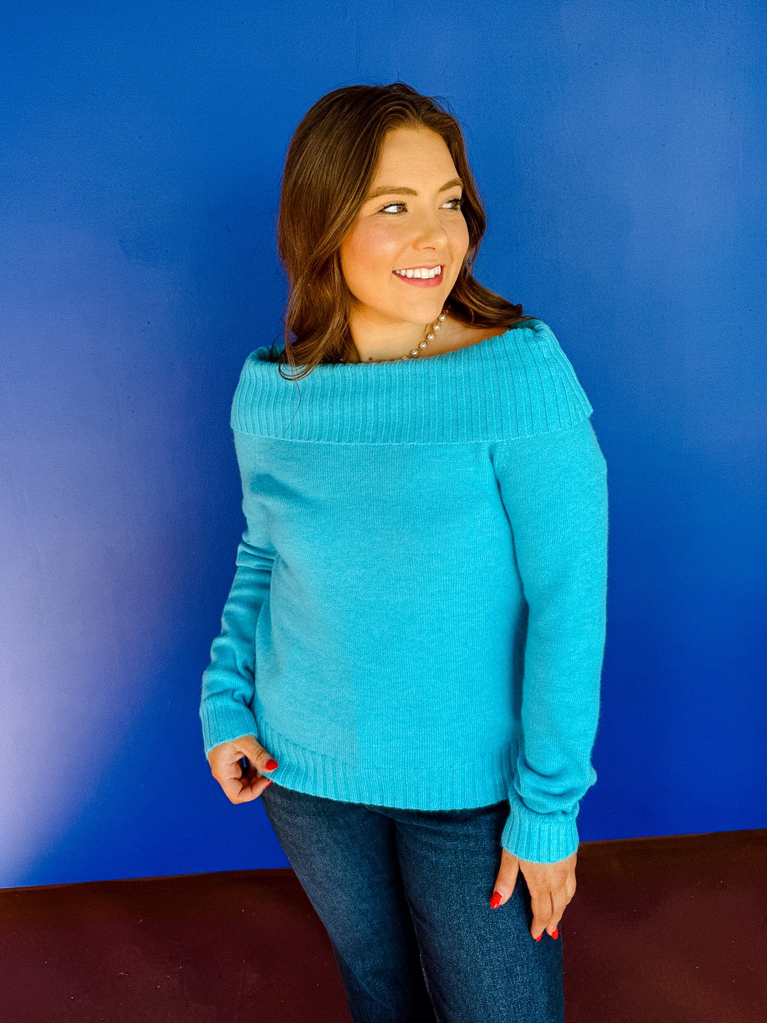 Scarlett Off Shoulder Sweater - Light Aqua