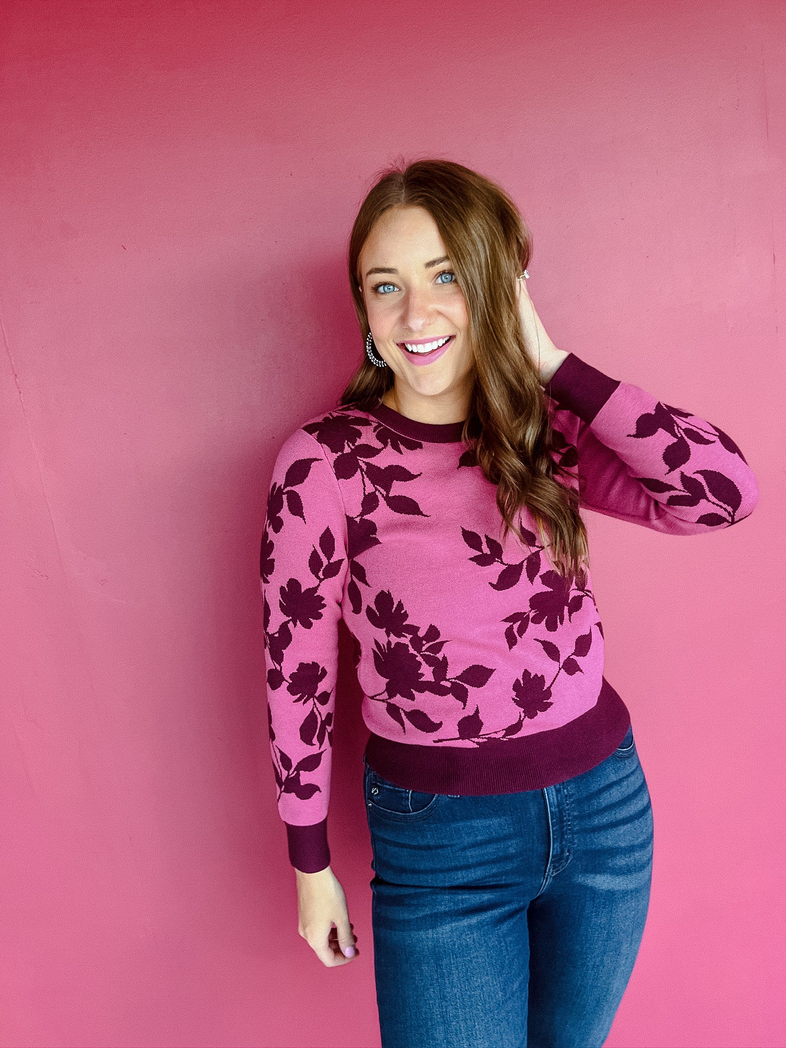 Cleo Floral Sweater - Burgundy + Summer Pink