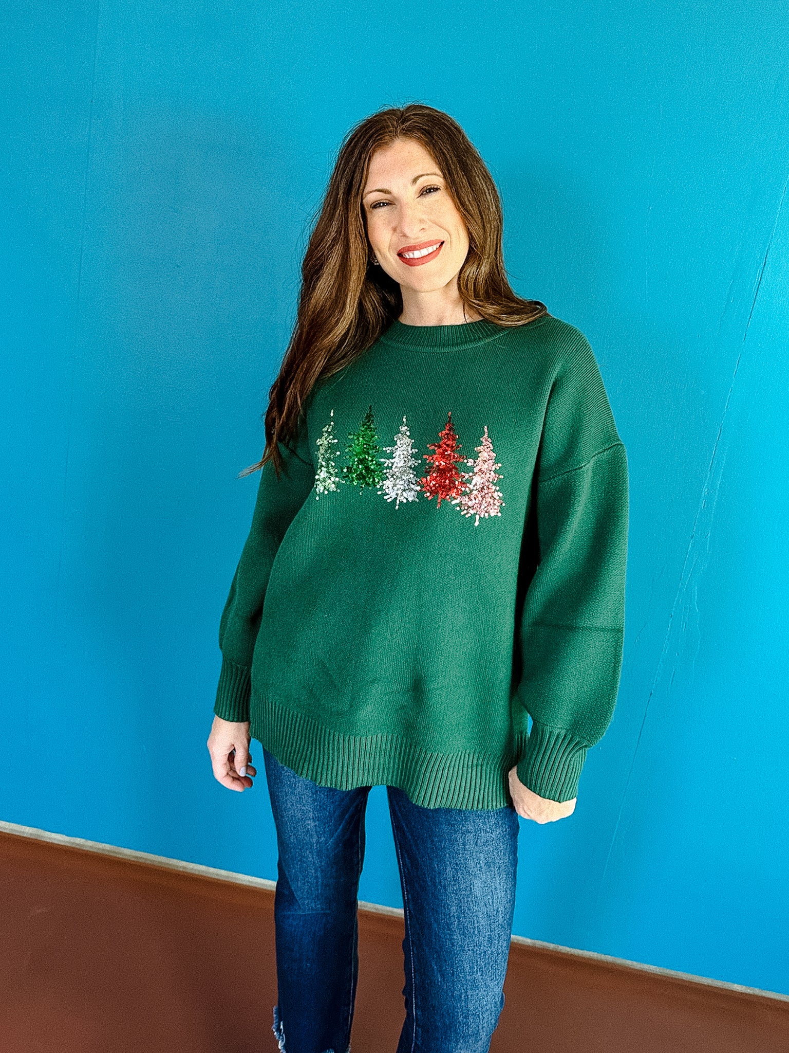 Angelica Sequin Tree Sweater - Pine/Forest Green