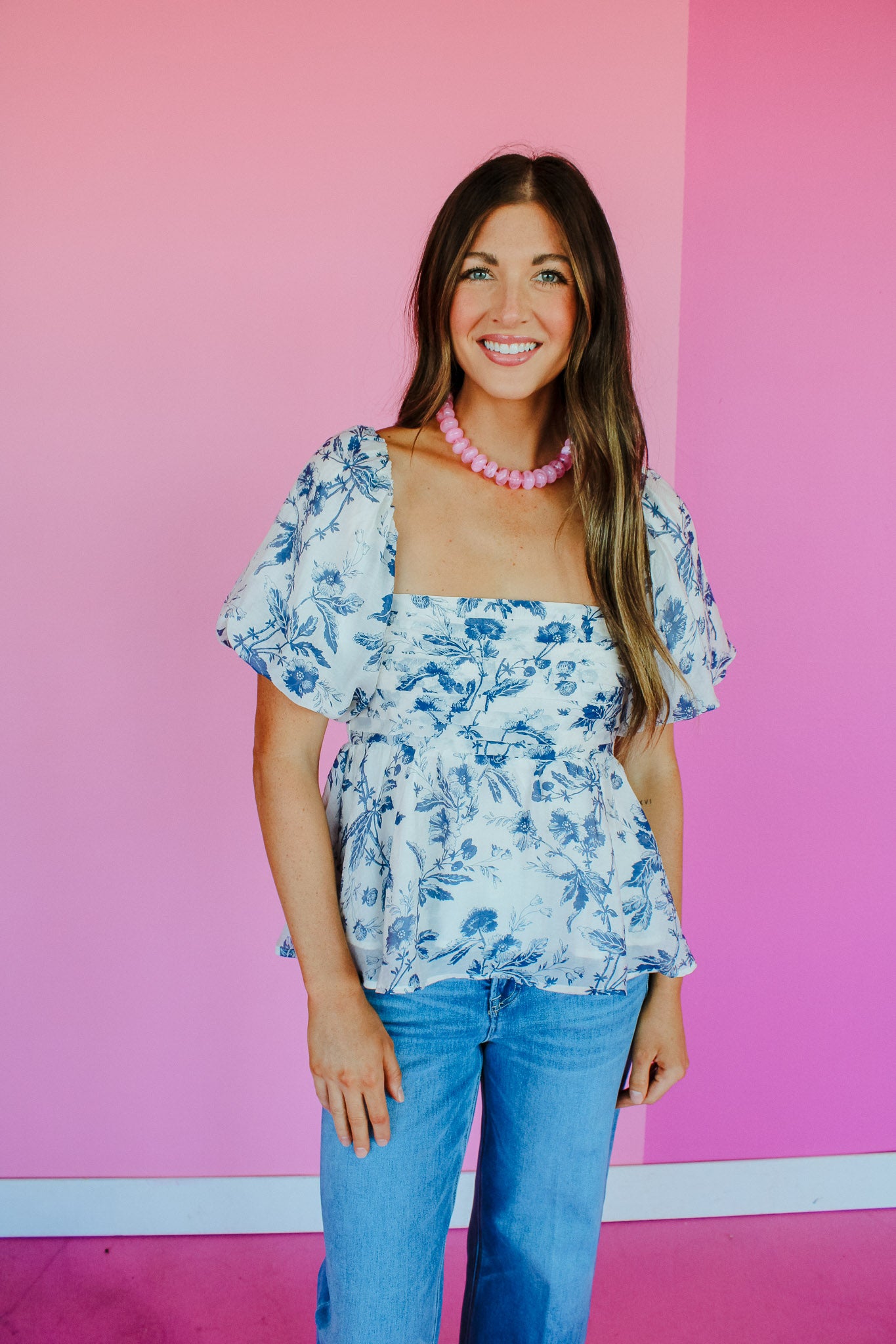 Makenna Pleated Blouse - Cream + Warm Blue