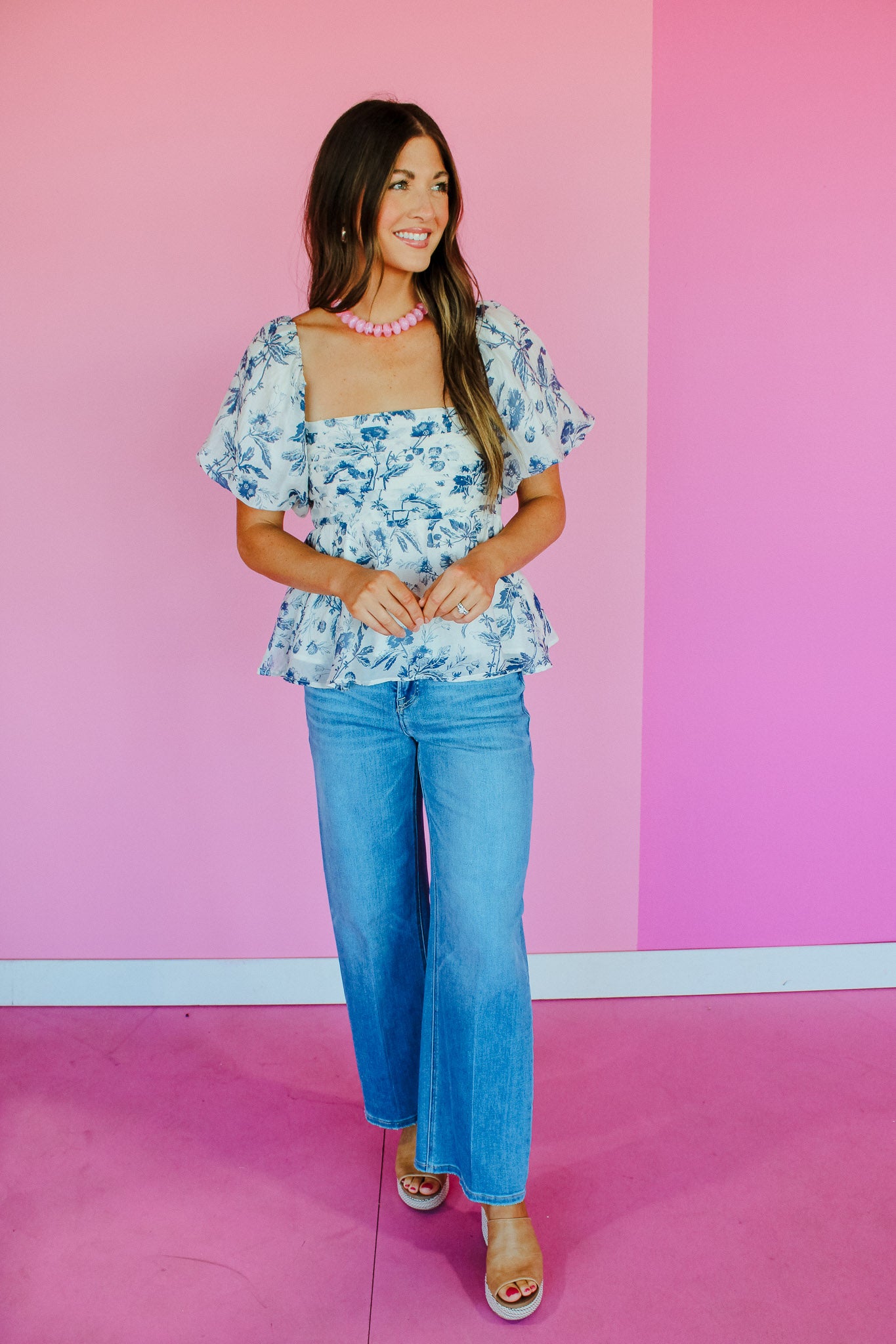 Makenna Pleated Blouse - Cream + Warm Blue