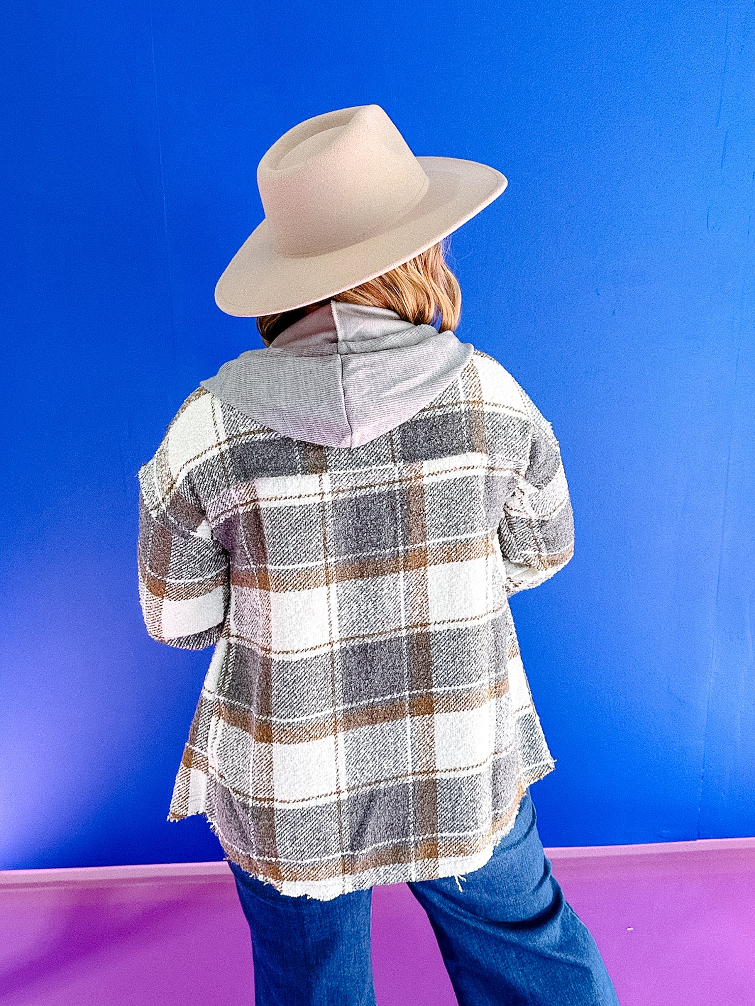 Cole Plaid Hooded Shacket - Cream + Tan + Dove Grey