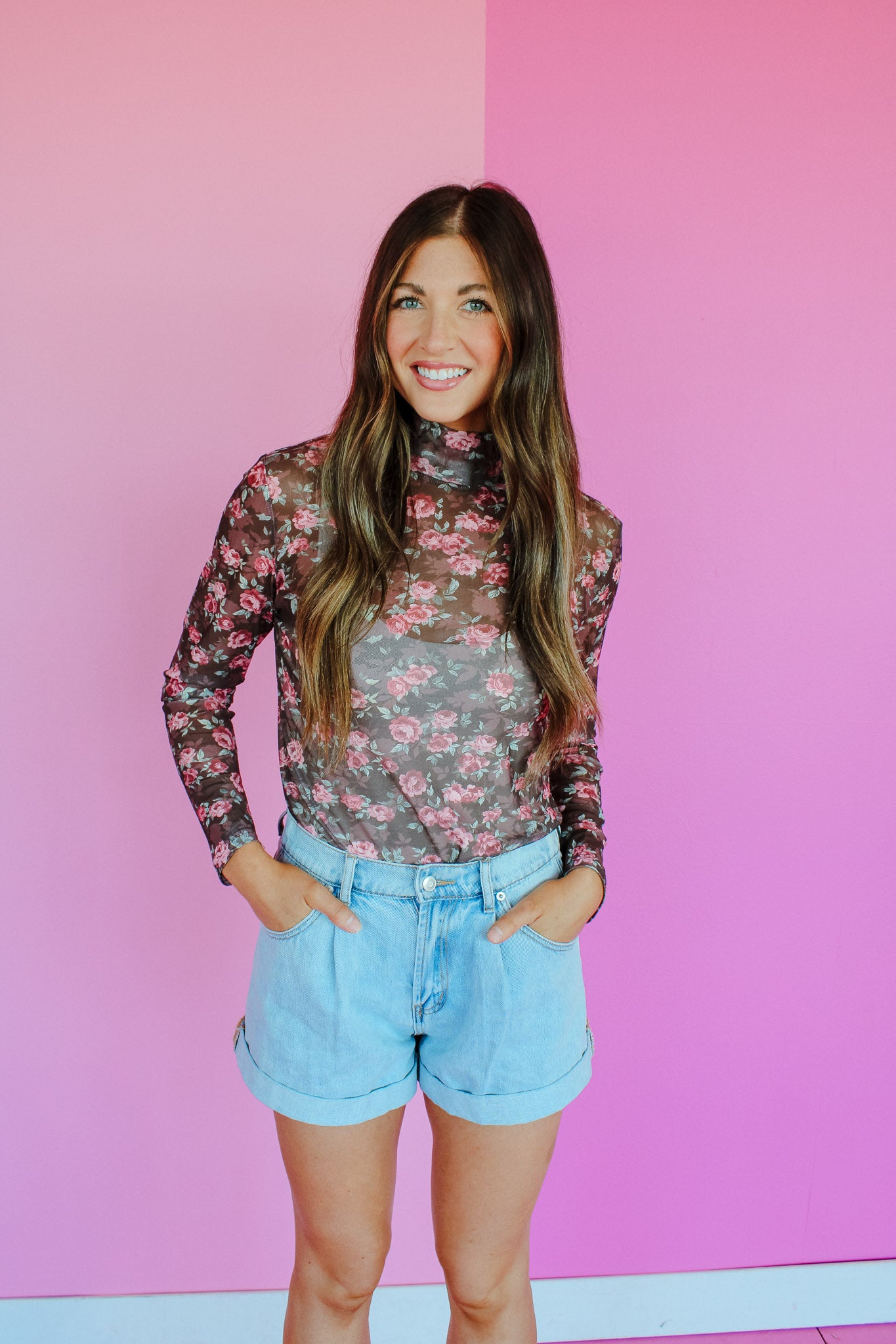 Stevie Mesh Mock Neck Top - Rose Brown + Sage + Rose