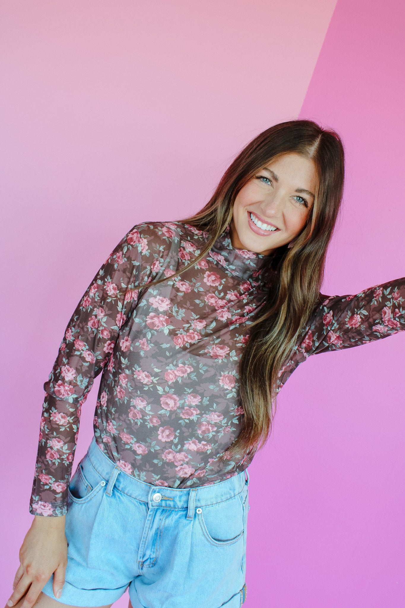 Stevie Mesh Mock Neck Top - Rose Brown + Sage + Rose