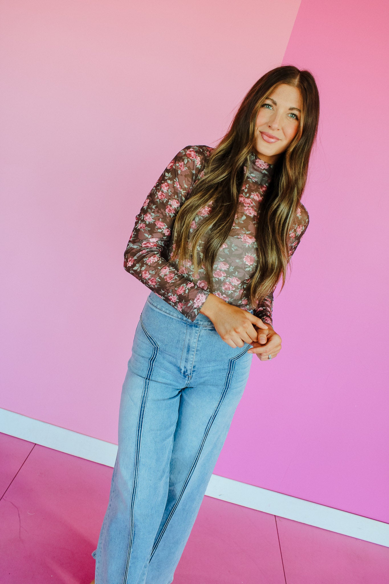 Stevie Mesh Mock Neck Top - Rose Brown + Sage + Rose