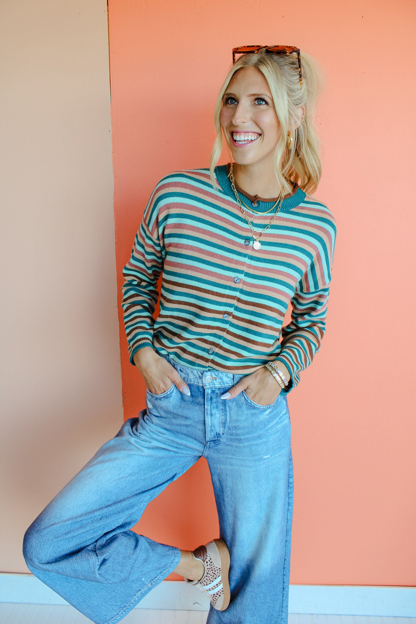 Brady Striped Cardigan - Kingfisher + Peacock + Coffee