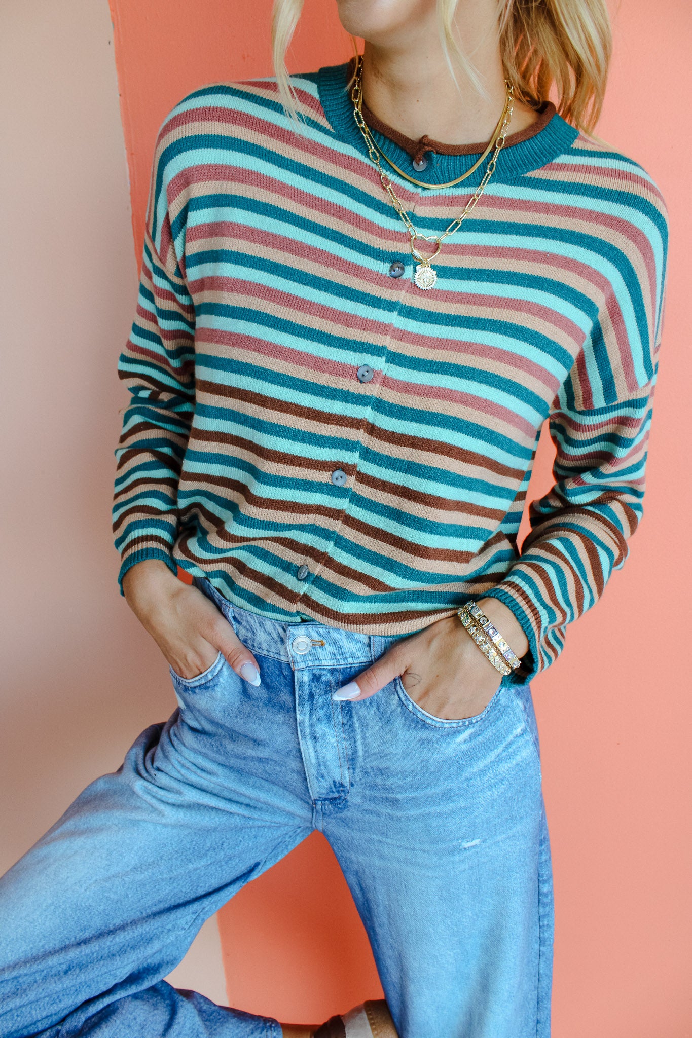 Brady Striped Cardigan - Kingfisher + Peacock + Coffee