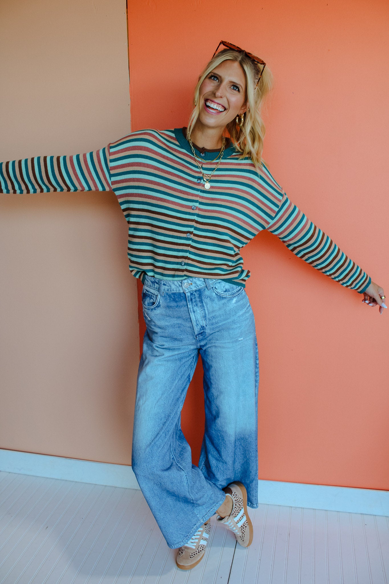 Brady Striped Cardigan - Kingfisher + Peacock + Coffee