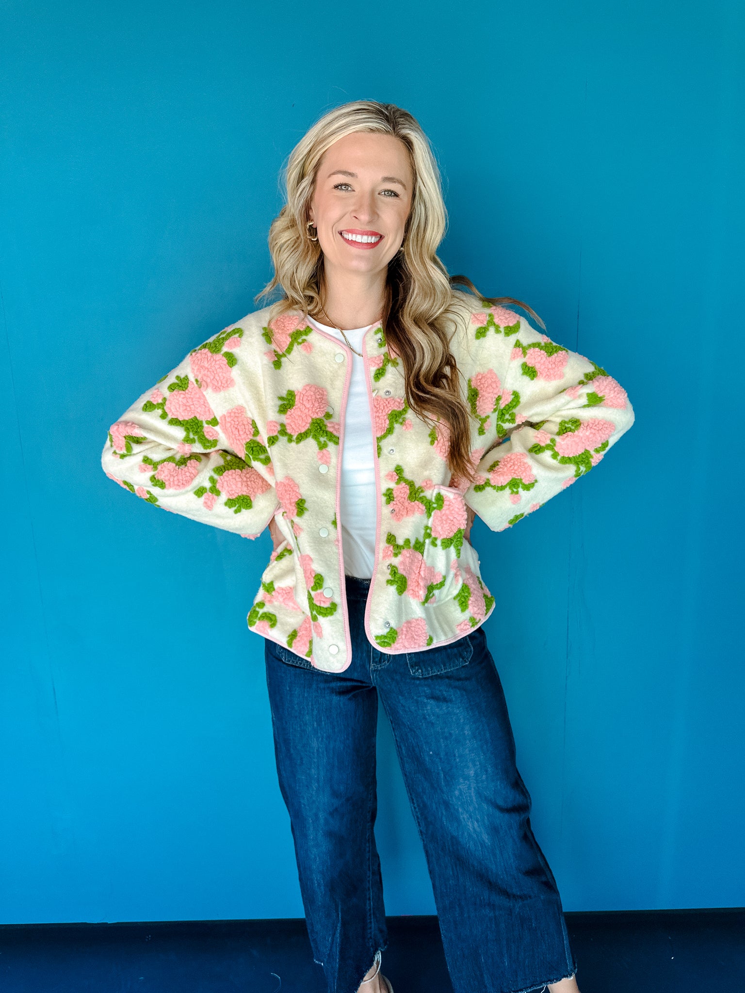 Blossom Floral Tufted Jacket - Creme + Grass Green + Pink