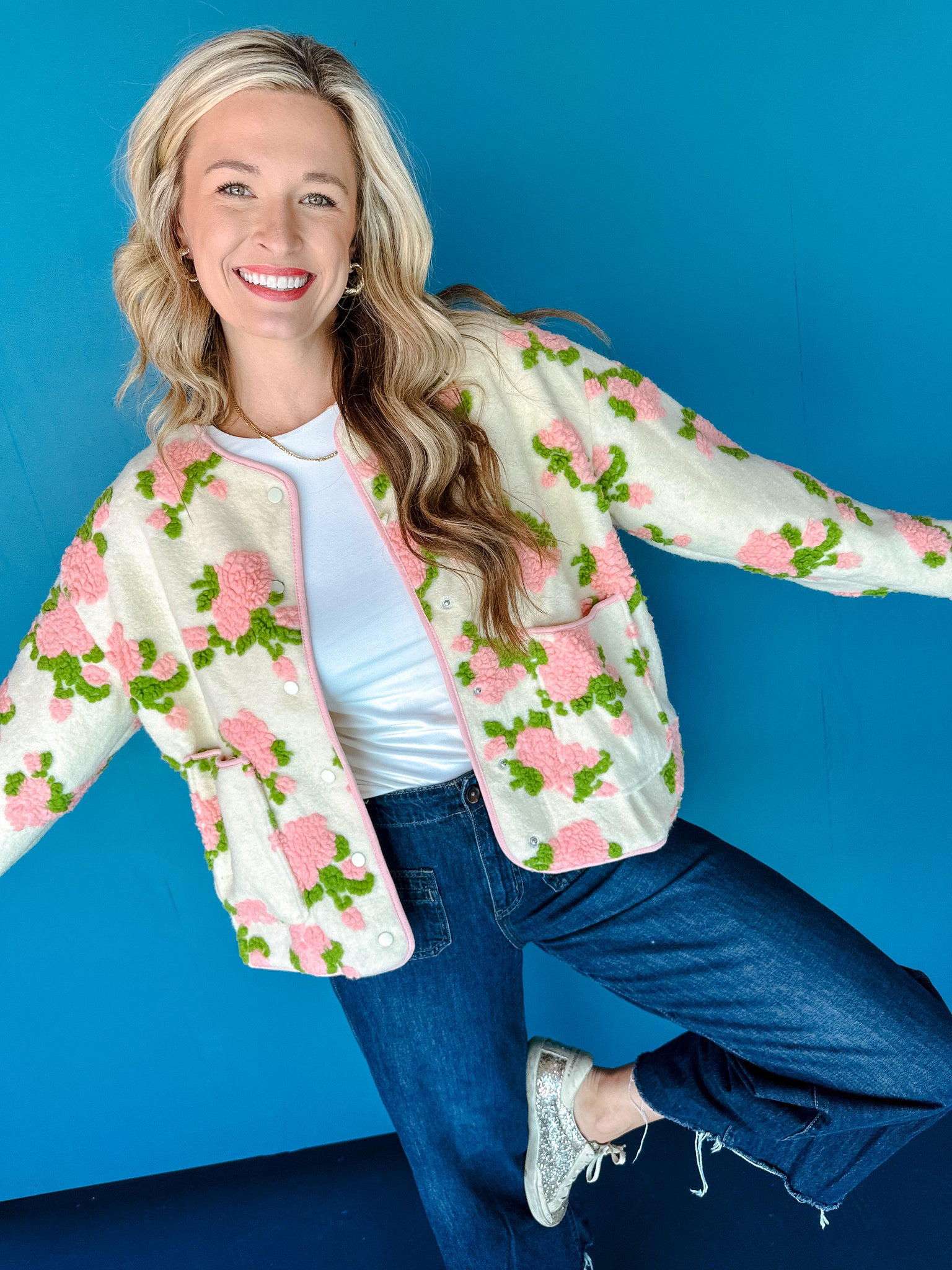 Blossom Floral Tufted Jacket - Creme + Grass Green + Pink