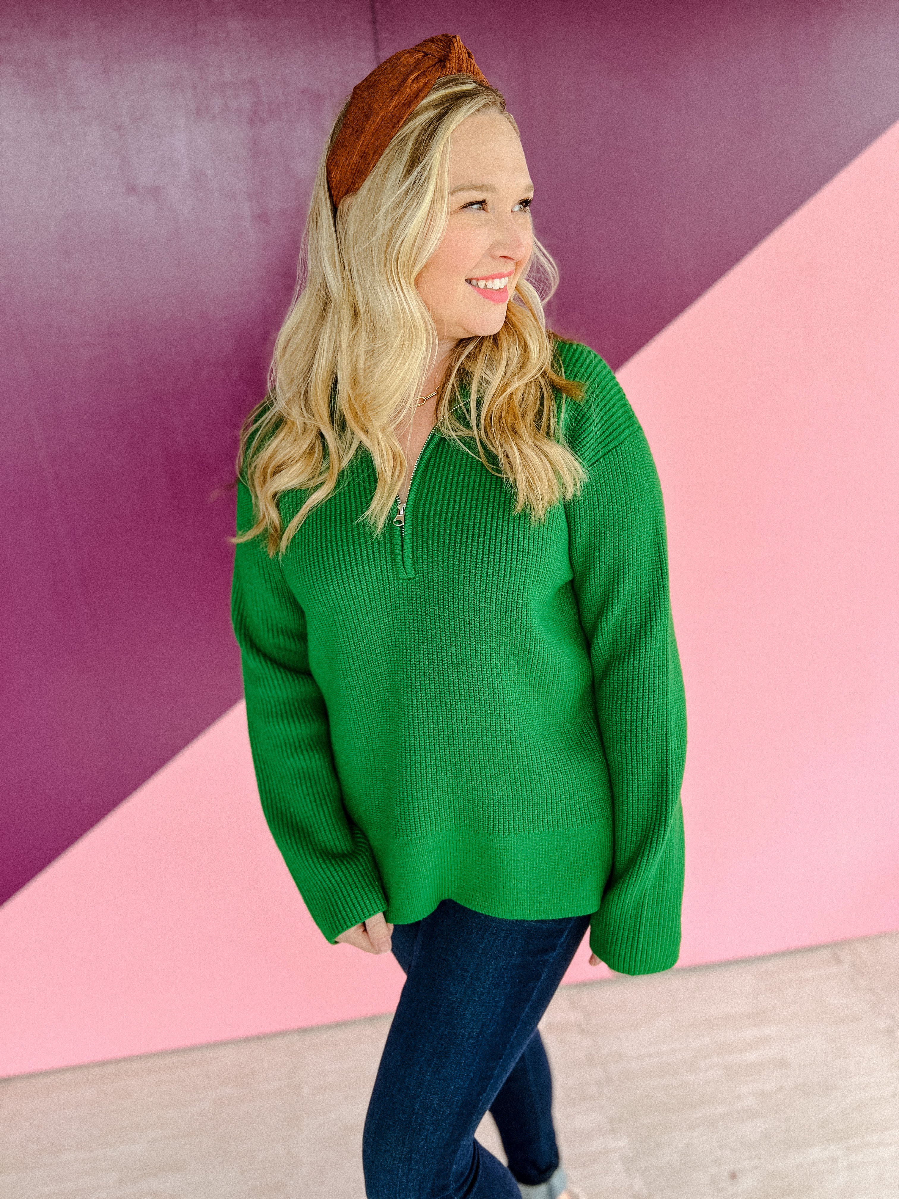 Jane Quarter Zip Sweater - Leaf Green
