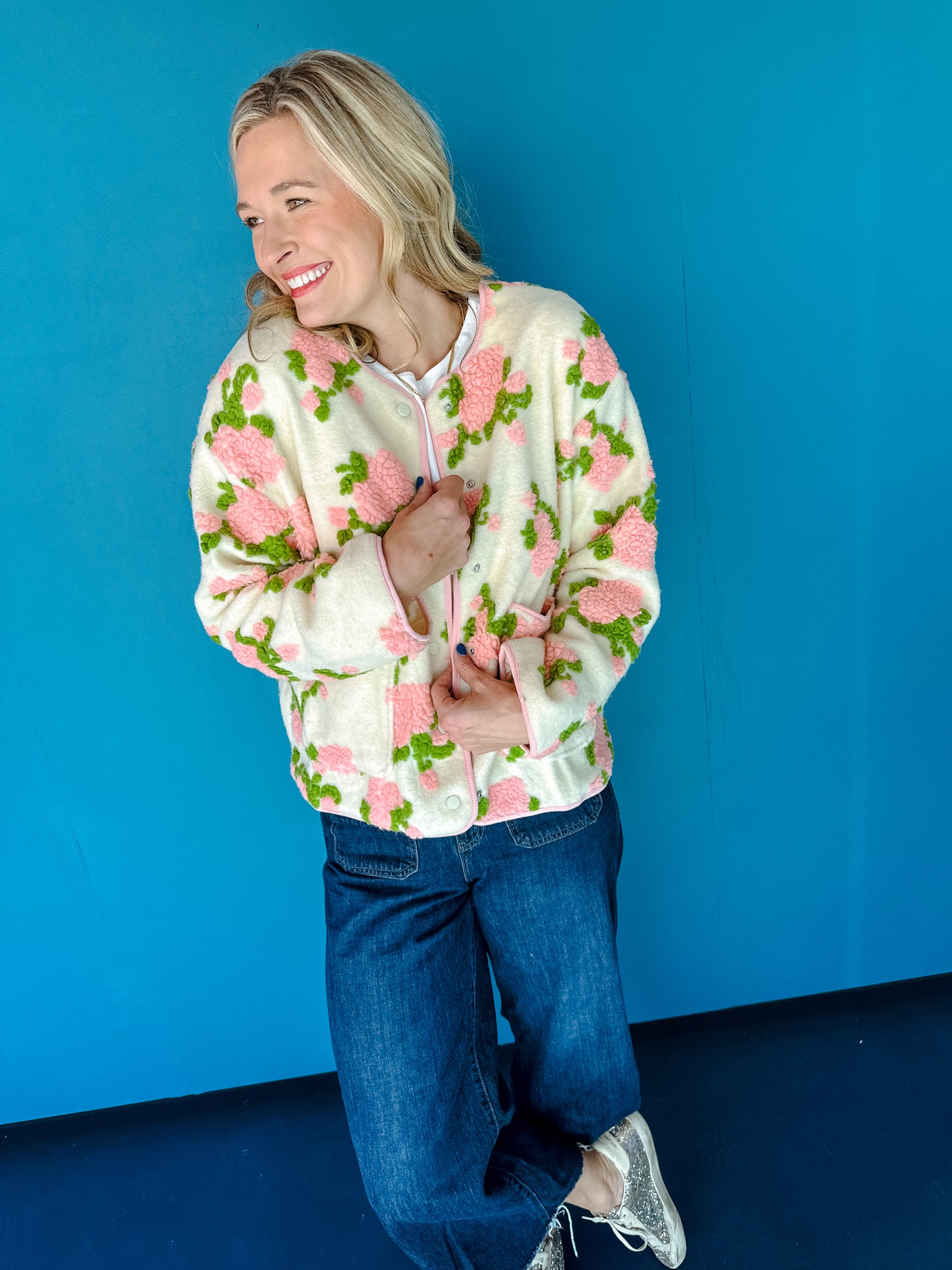 Blossom Floral Tufted Jacket - Creme + Grass Green + Pink