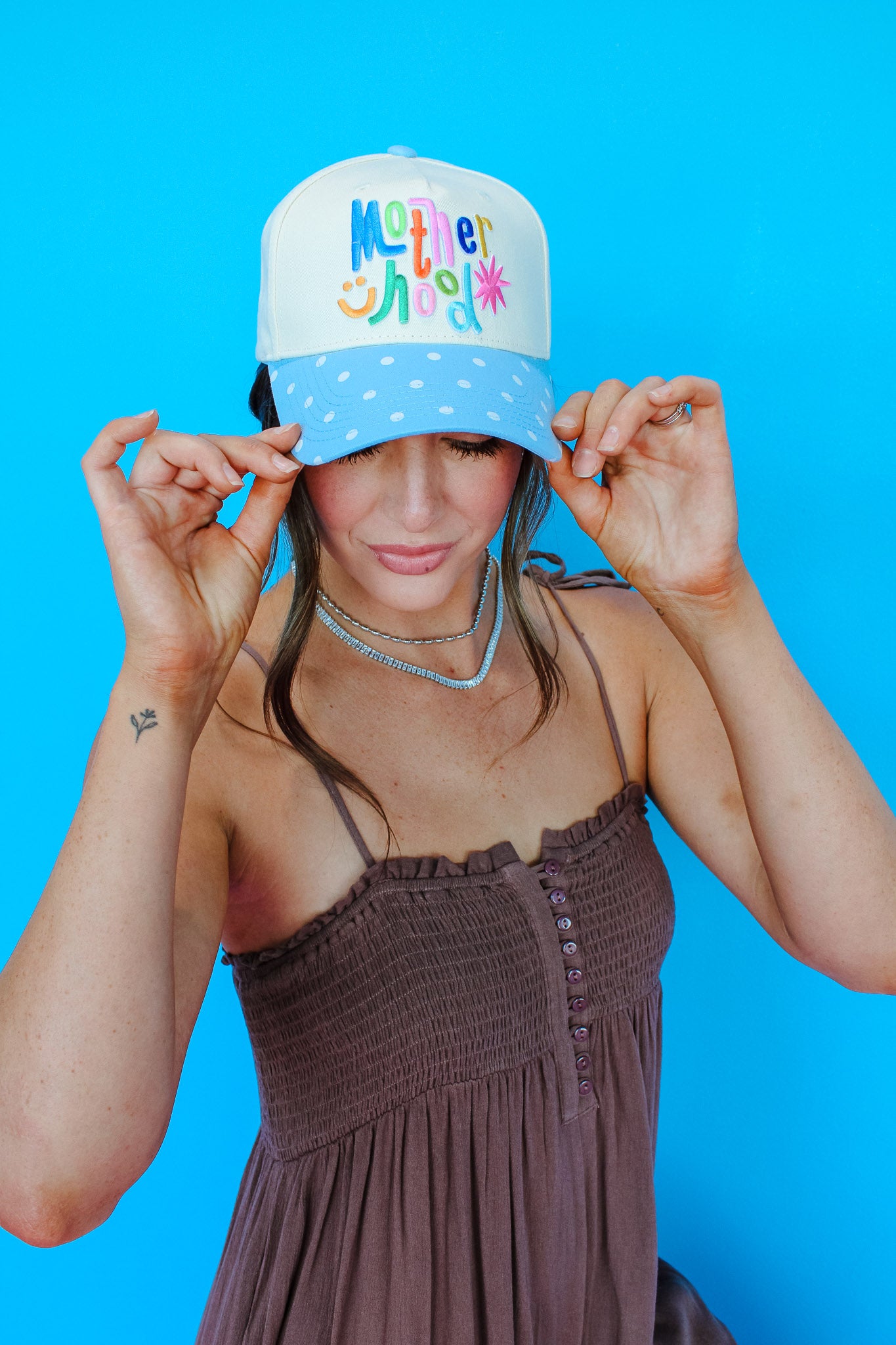 Motherhood Trucker Hat - Powder Blue + Cream