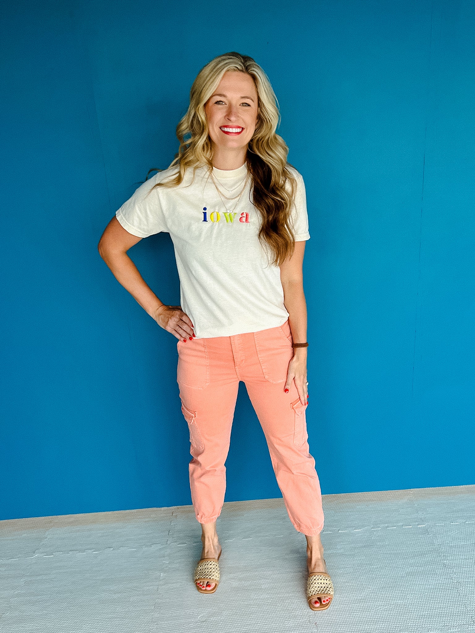 Iowa Embroidered Tee - Cream + Coral + Yellow + Lime