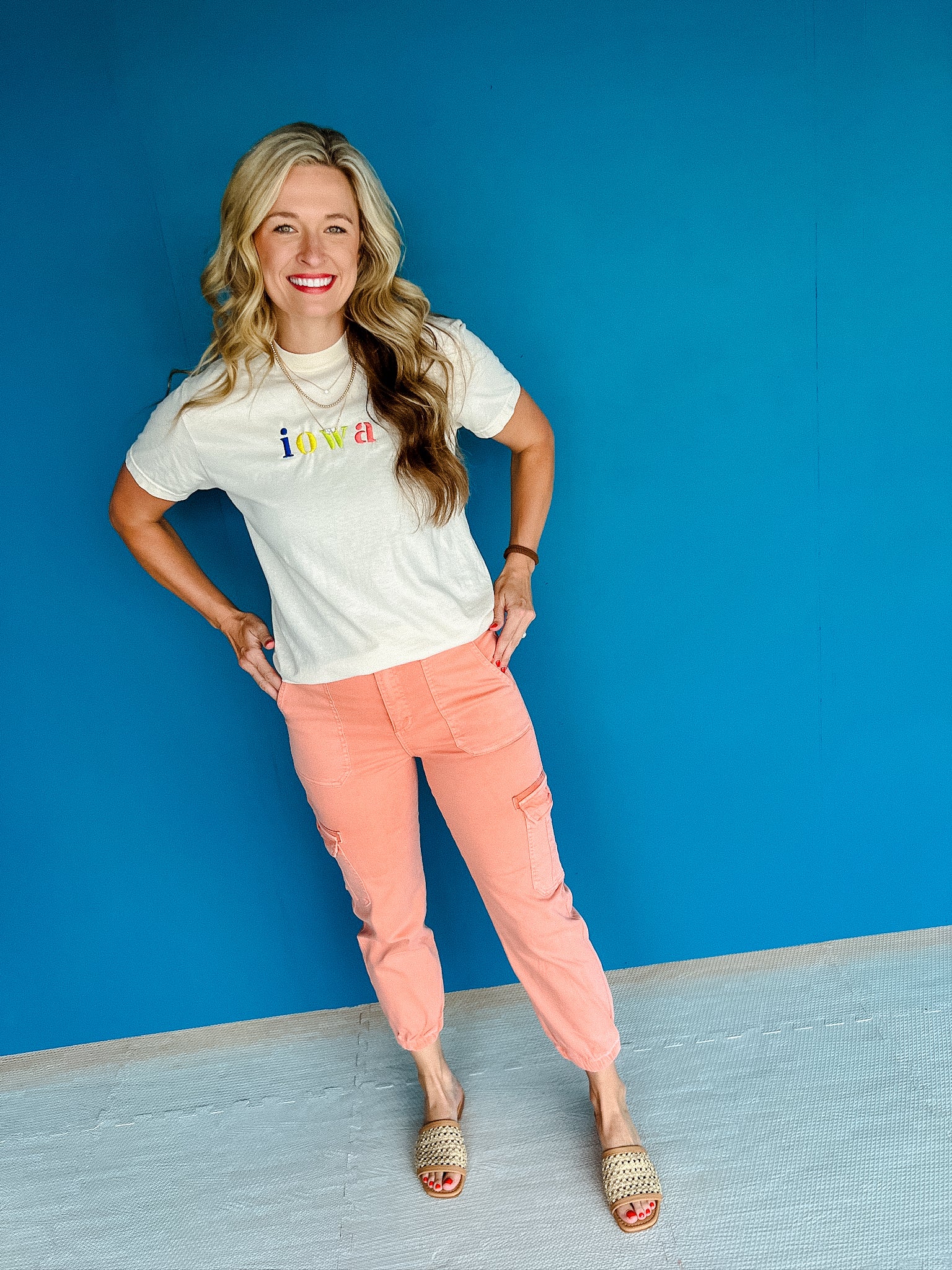 Iowa Embroidered Tee - Cream + Coral + Yellow + Lime