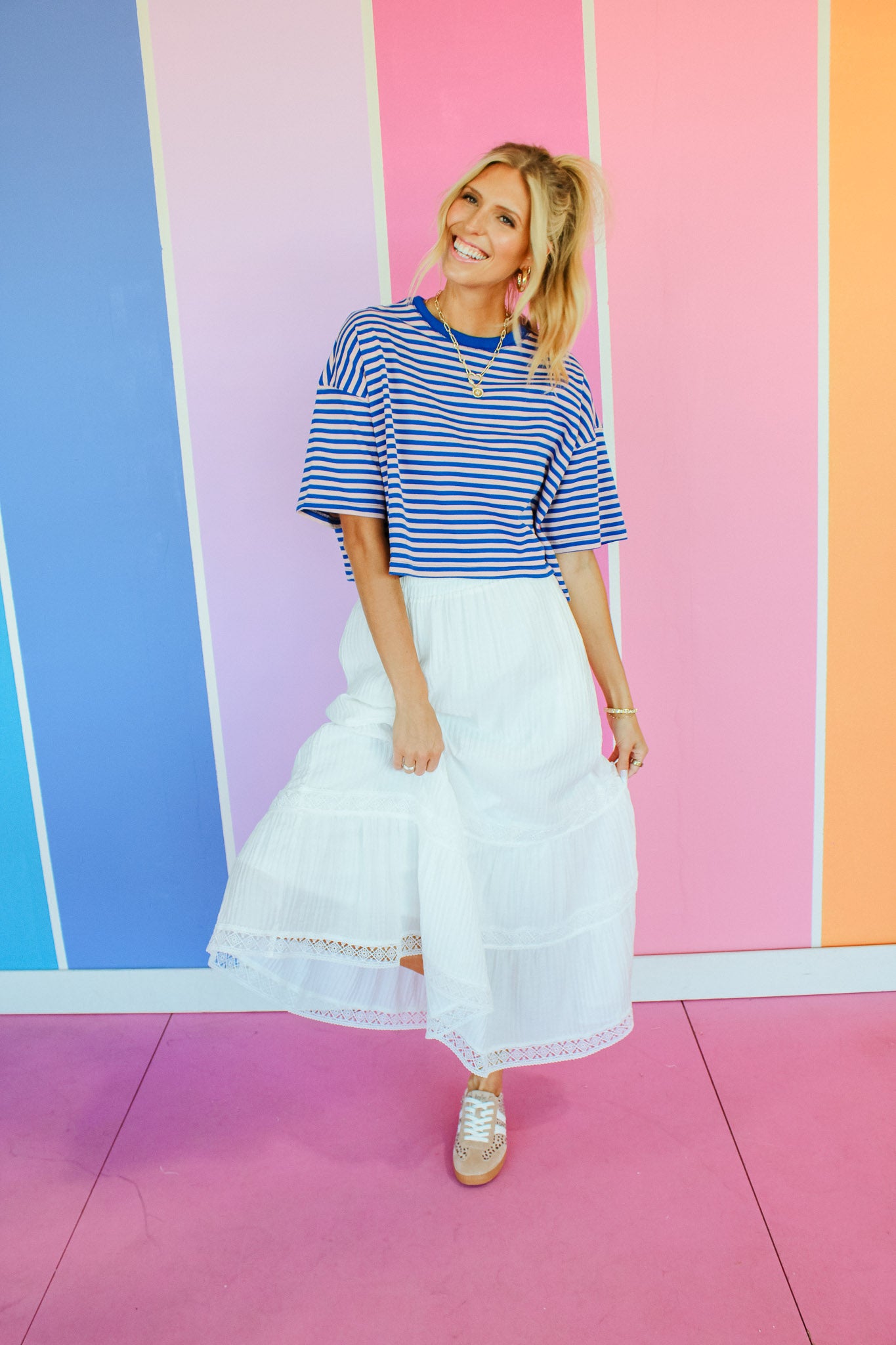 Jasmine Striped Boxy Tee - Dark Bright Blue + Dusty Pink