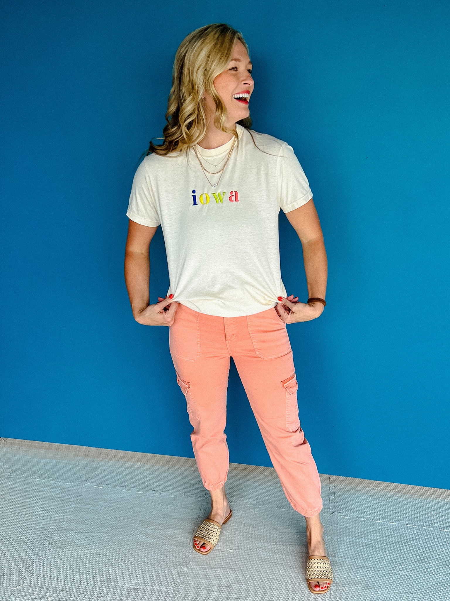 Iowa Embroidered Tee - Cream + Coral + Yellow + Lime