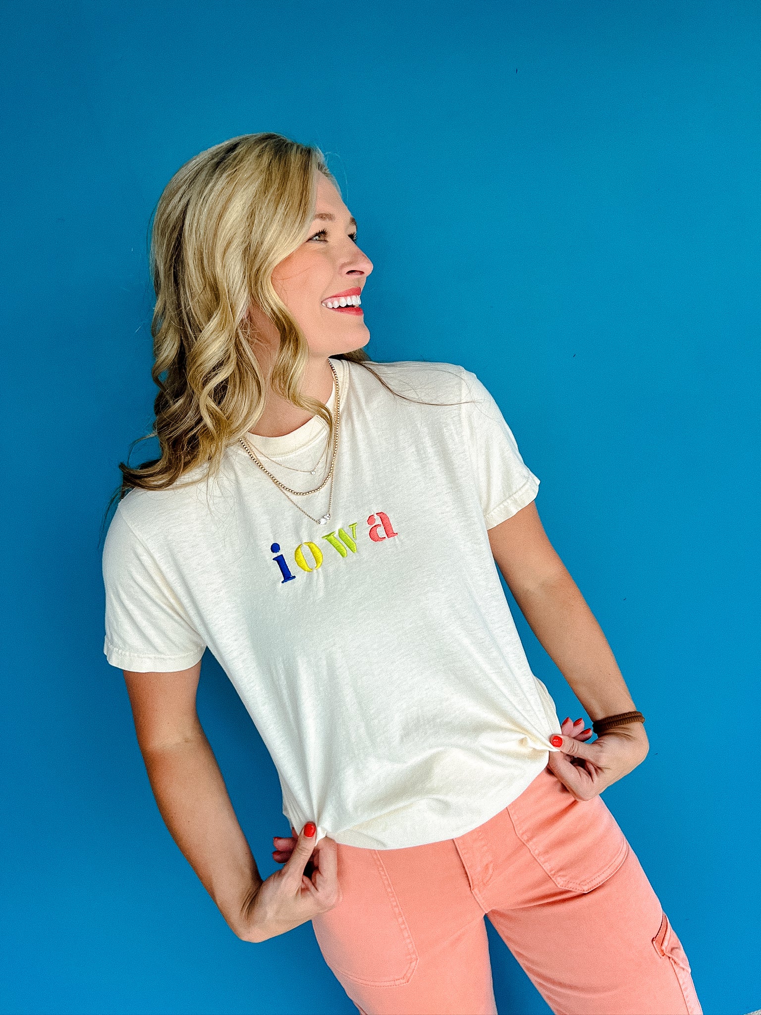 Iowa Embroidered Tee - Cream + Coral + Yellow + Lime