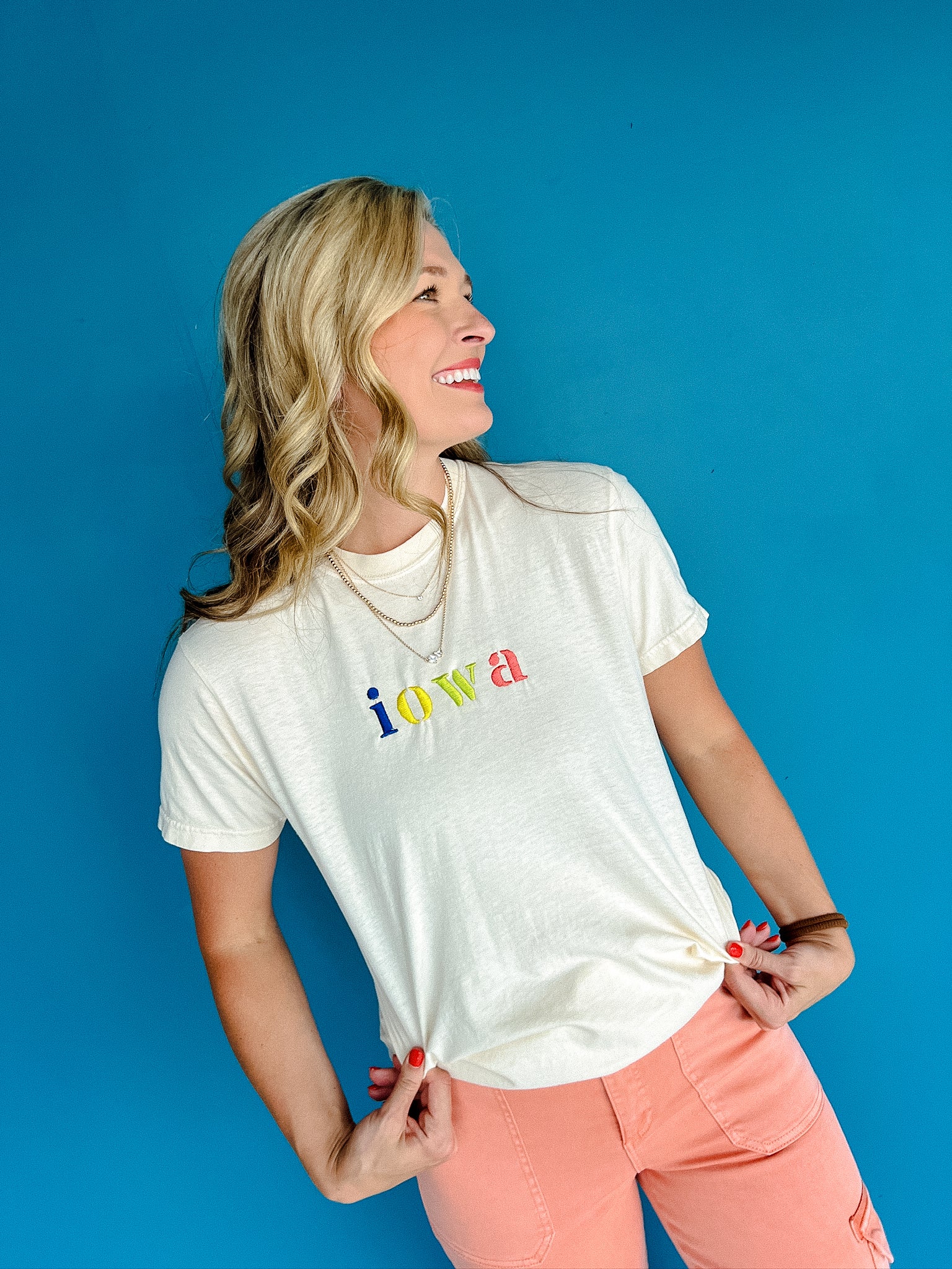 Iowa Embroidered Tee - Cream + Coral + Yellow + Lime