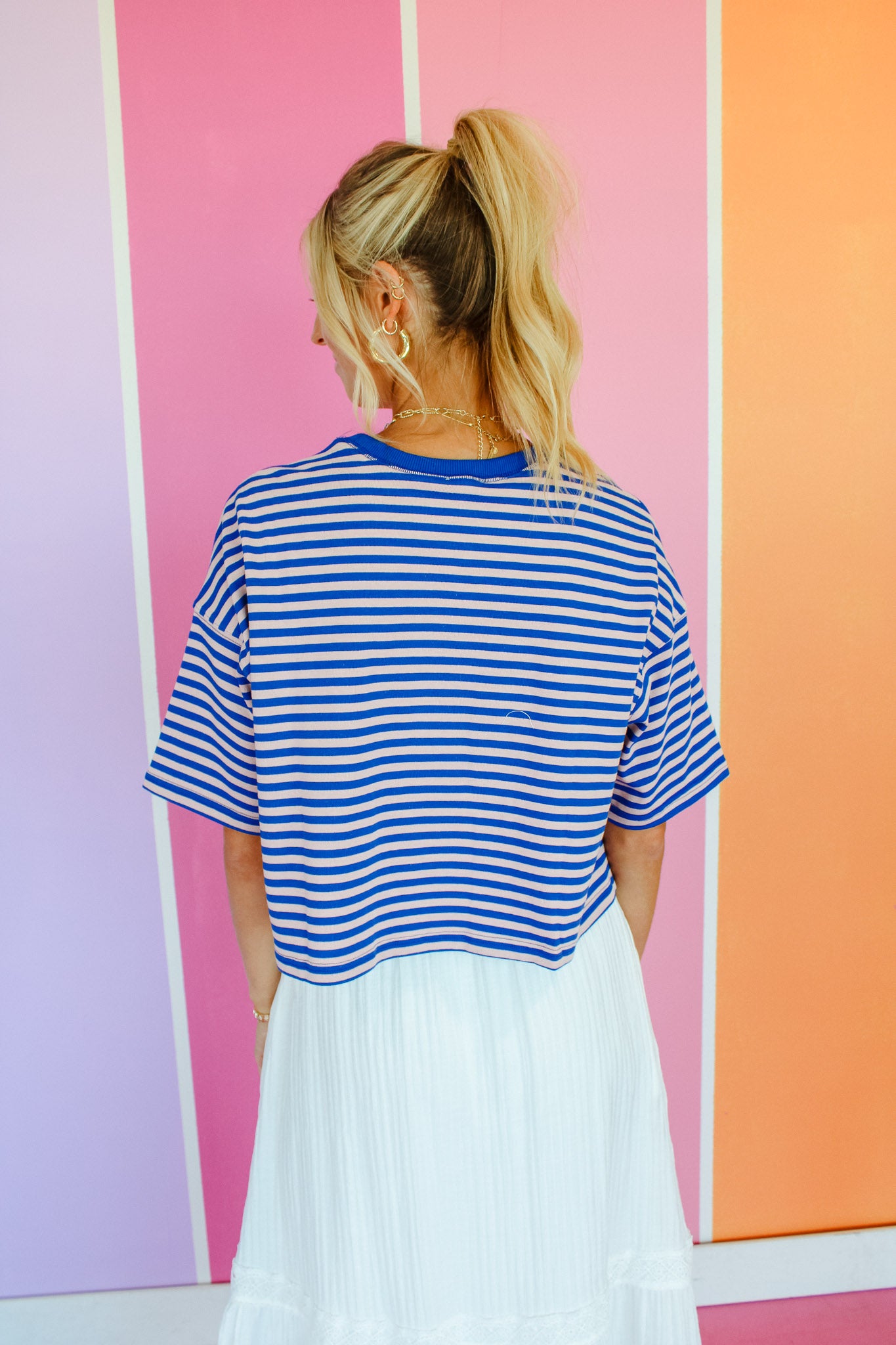 Jasmine Striped Boxy Tee - Dark Bright Blue + Dusty Pink