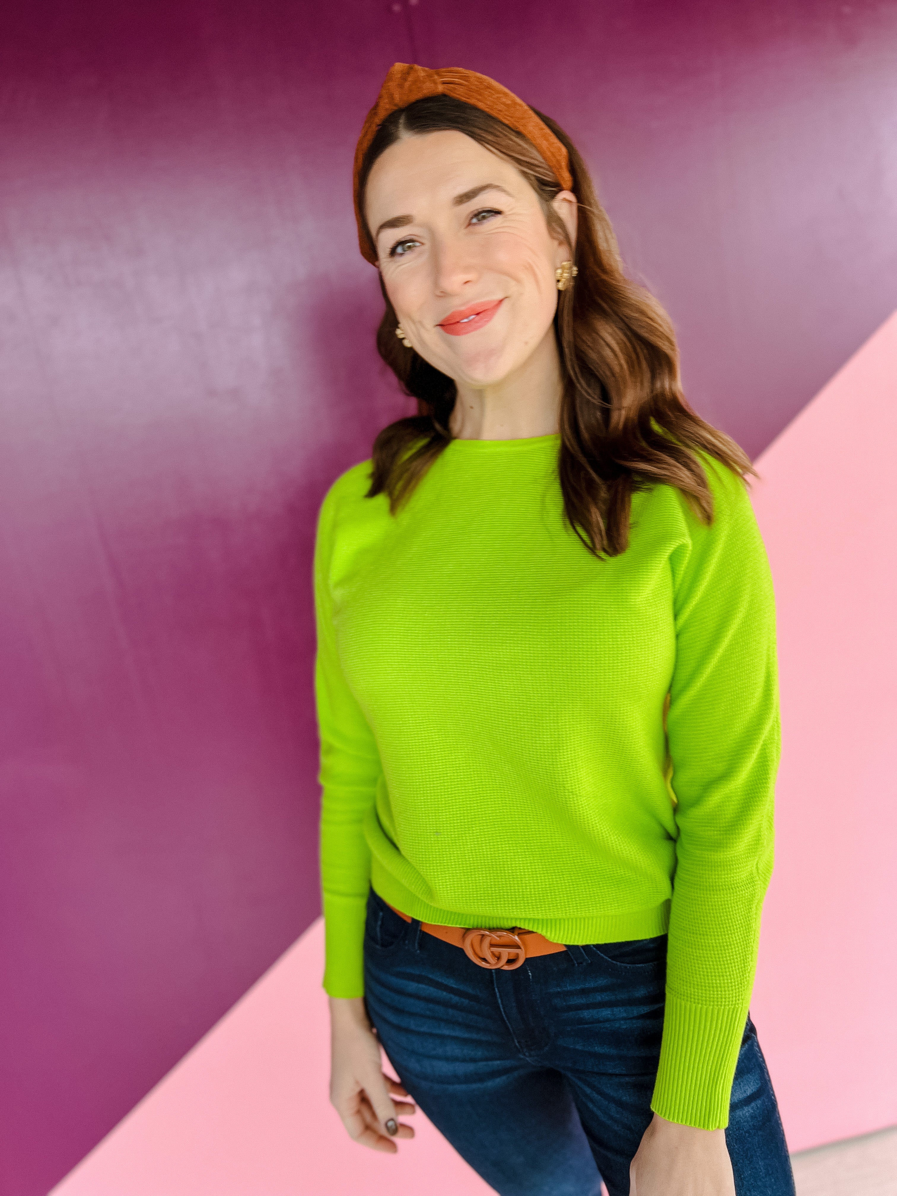 Lolo Waffle Knit Crewneck Top - Bright Lime