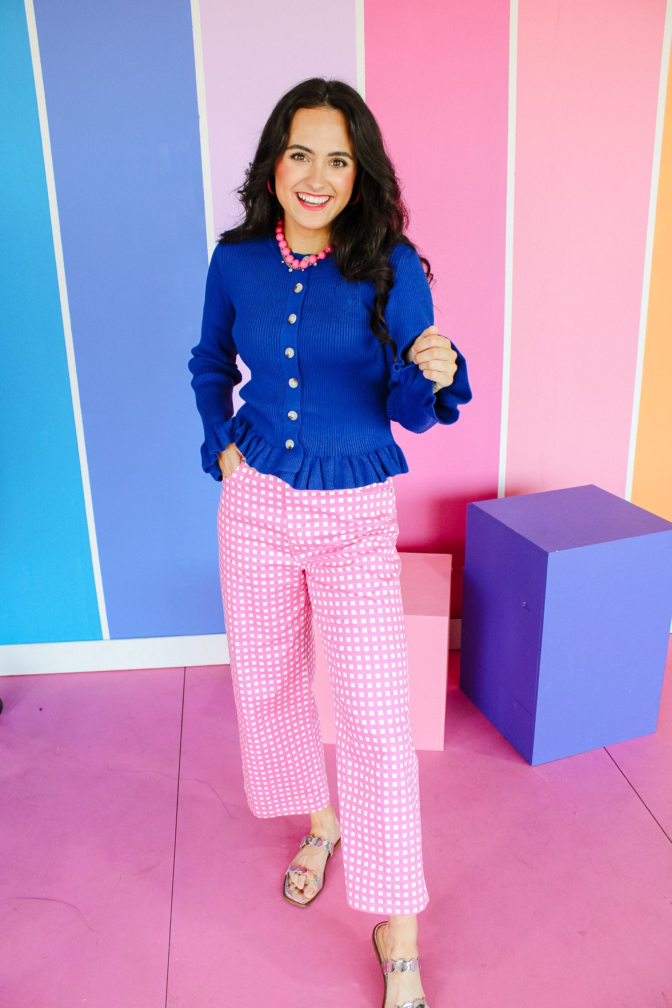Aurora Gingham Pants - Cerise + White