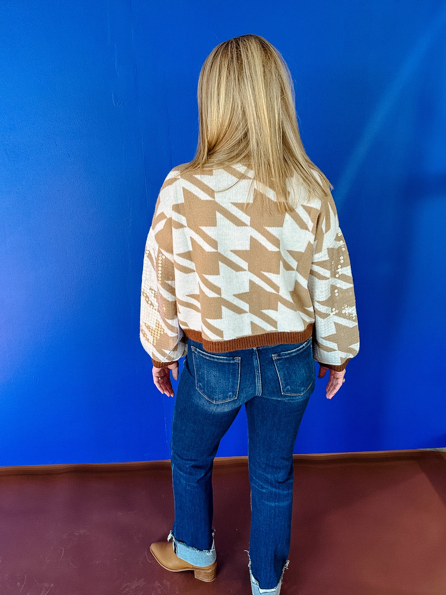 Marie Houndstooth Sweater -  Beige + Dark Brown + Off White