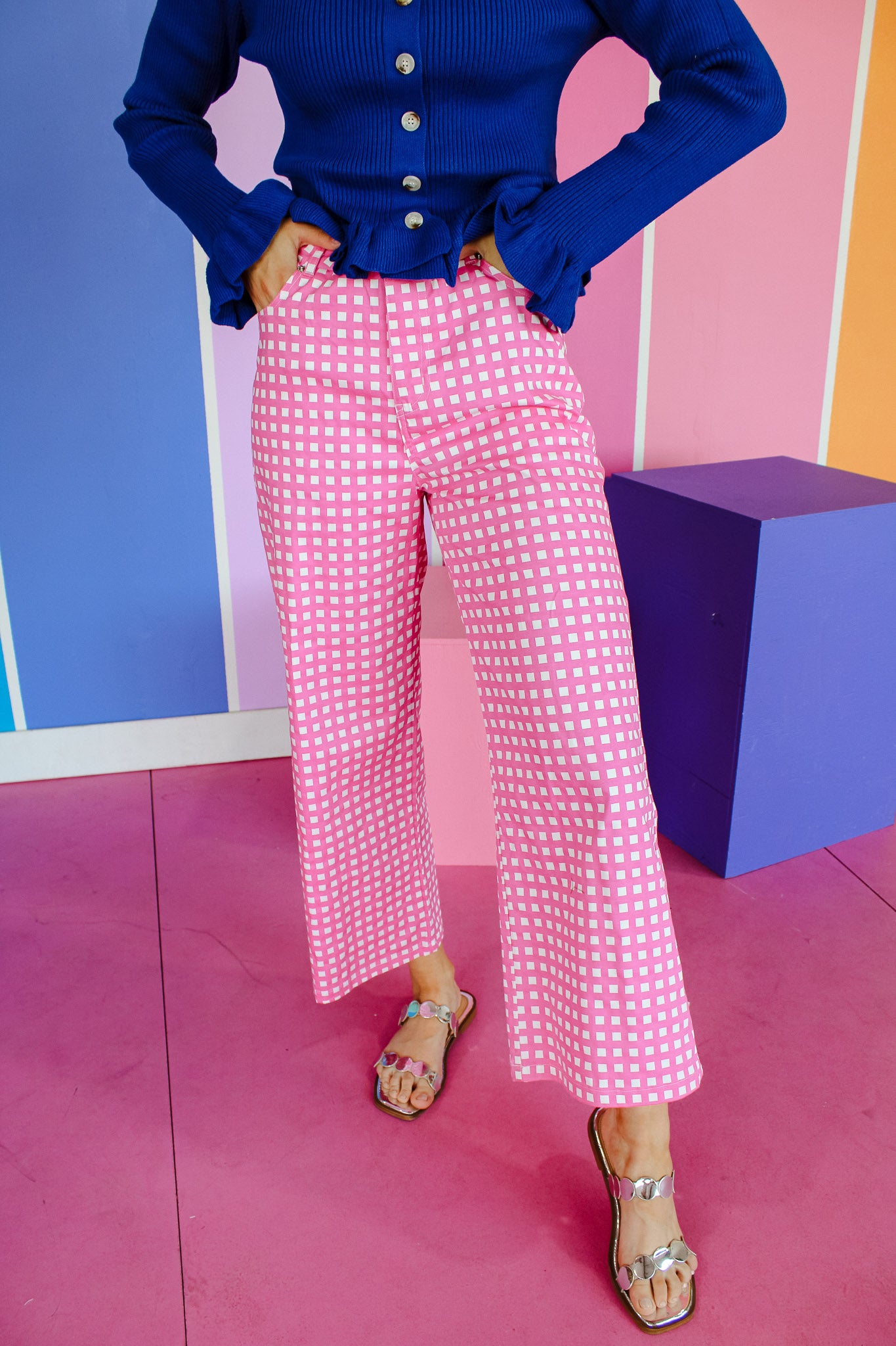 Aurora Gingham Pants - Cerise + White