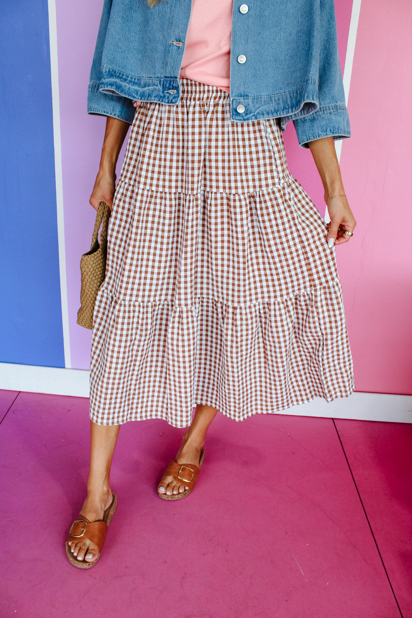 Leni Gingham Skirt - Tan + Soft White