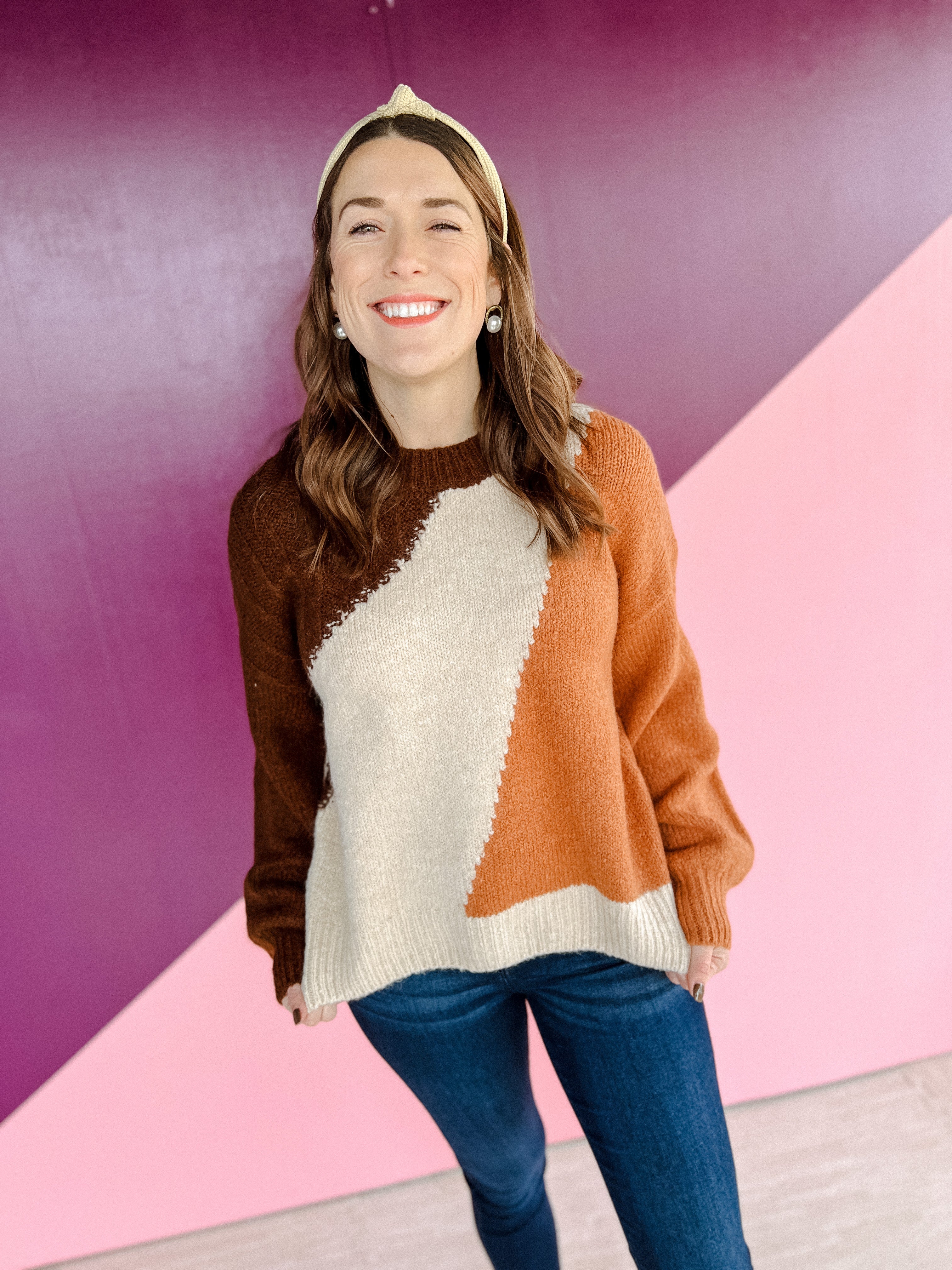 Making Plans Color Block Long Sleeve Sweater - Rust + Oyster + Dark Brown