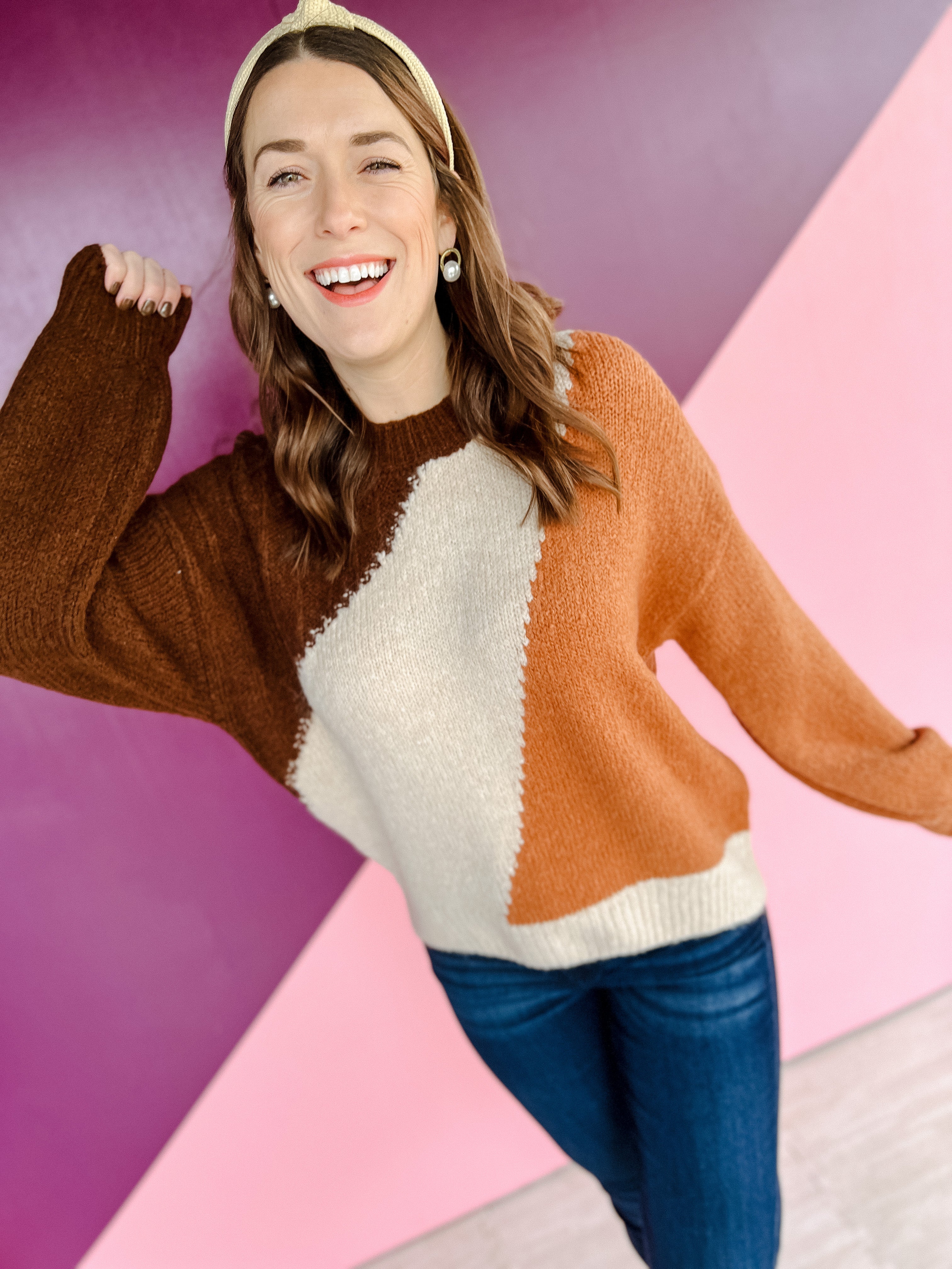 Making Plans Color Block Long Sleeve Sweater - Rust + Oyster + Dark Brown