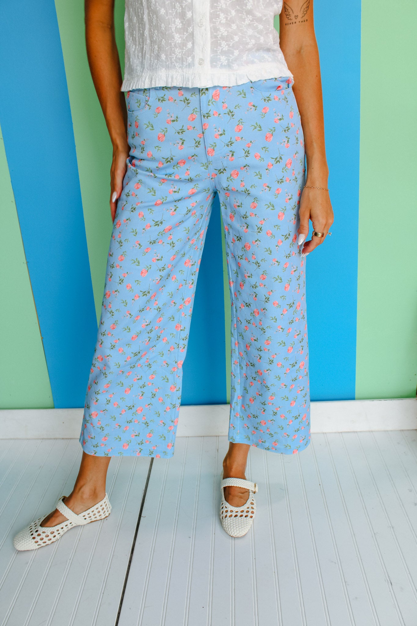 Freya Floral Pants - Powder blue + Bright Coral