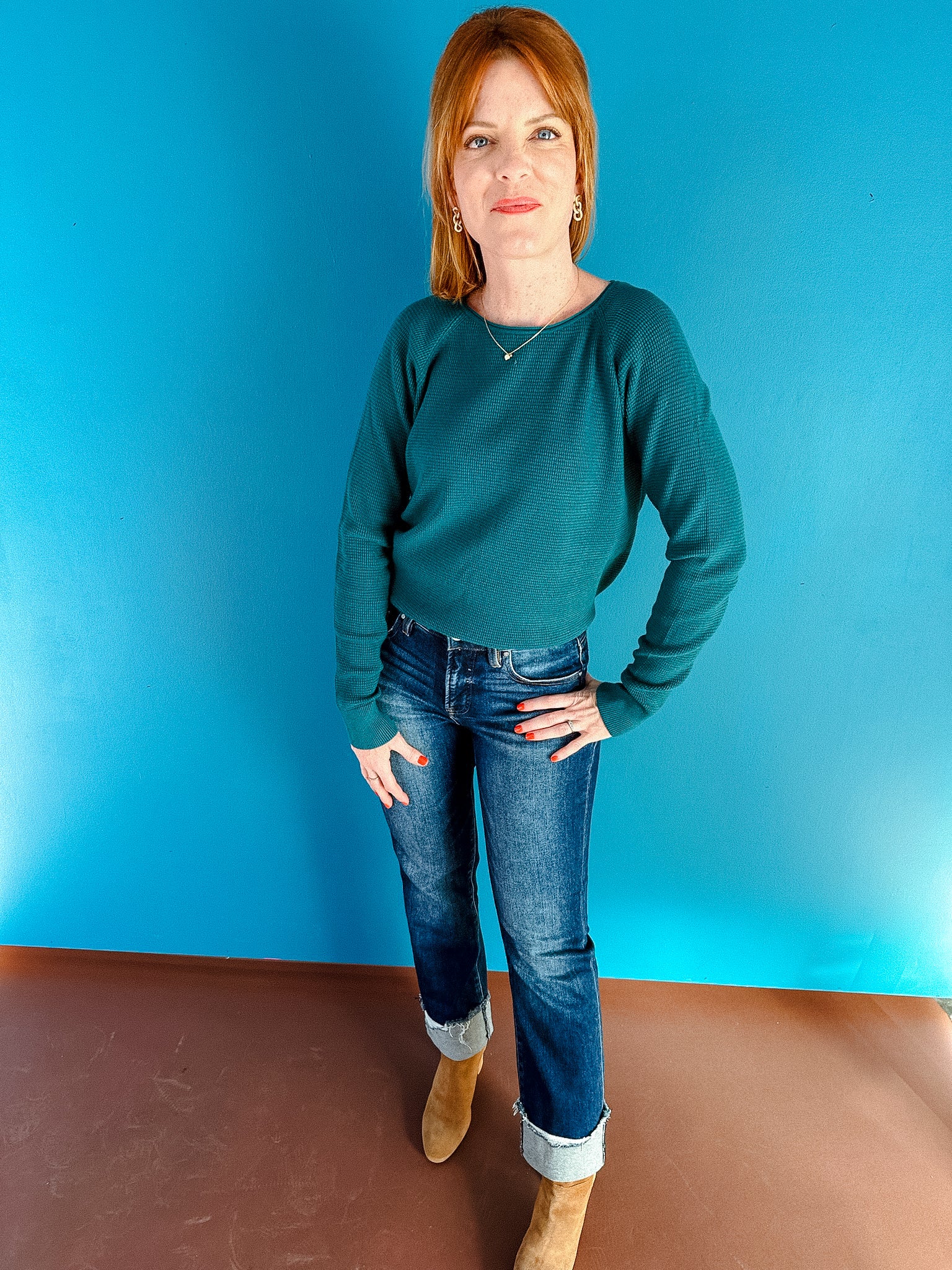 Tiegan Waffle Textured Pullover - Teal