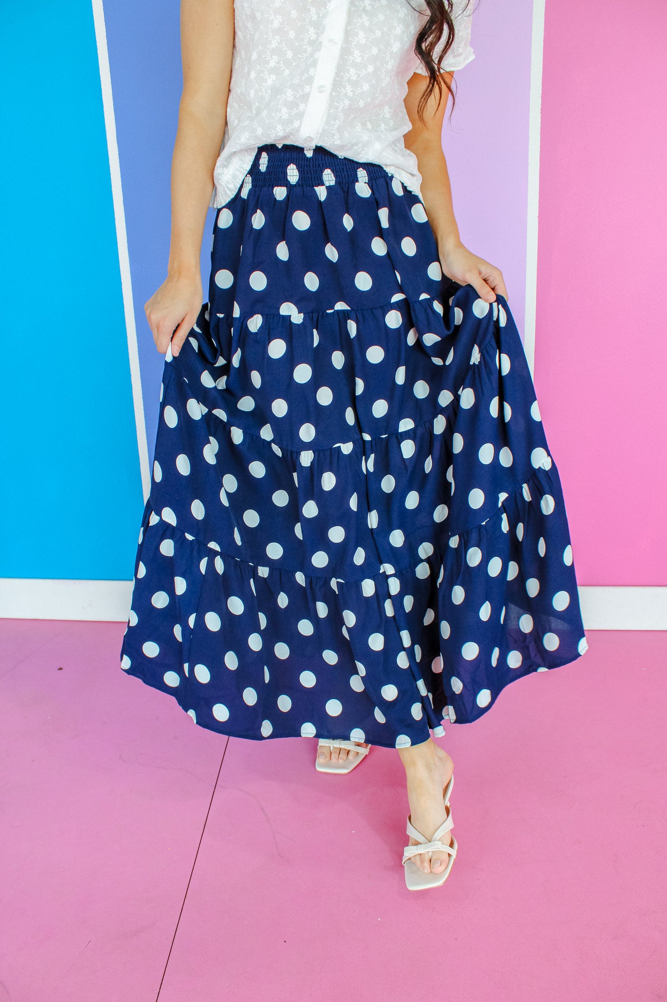 Nicki Tiered Polka Dot Maxi Skirt - Navy