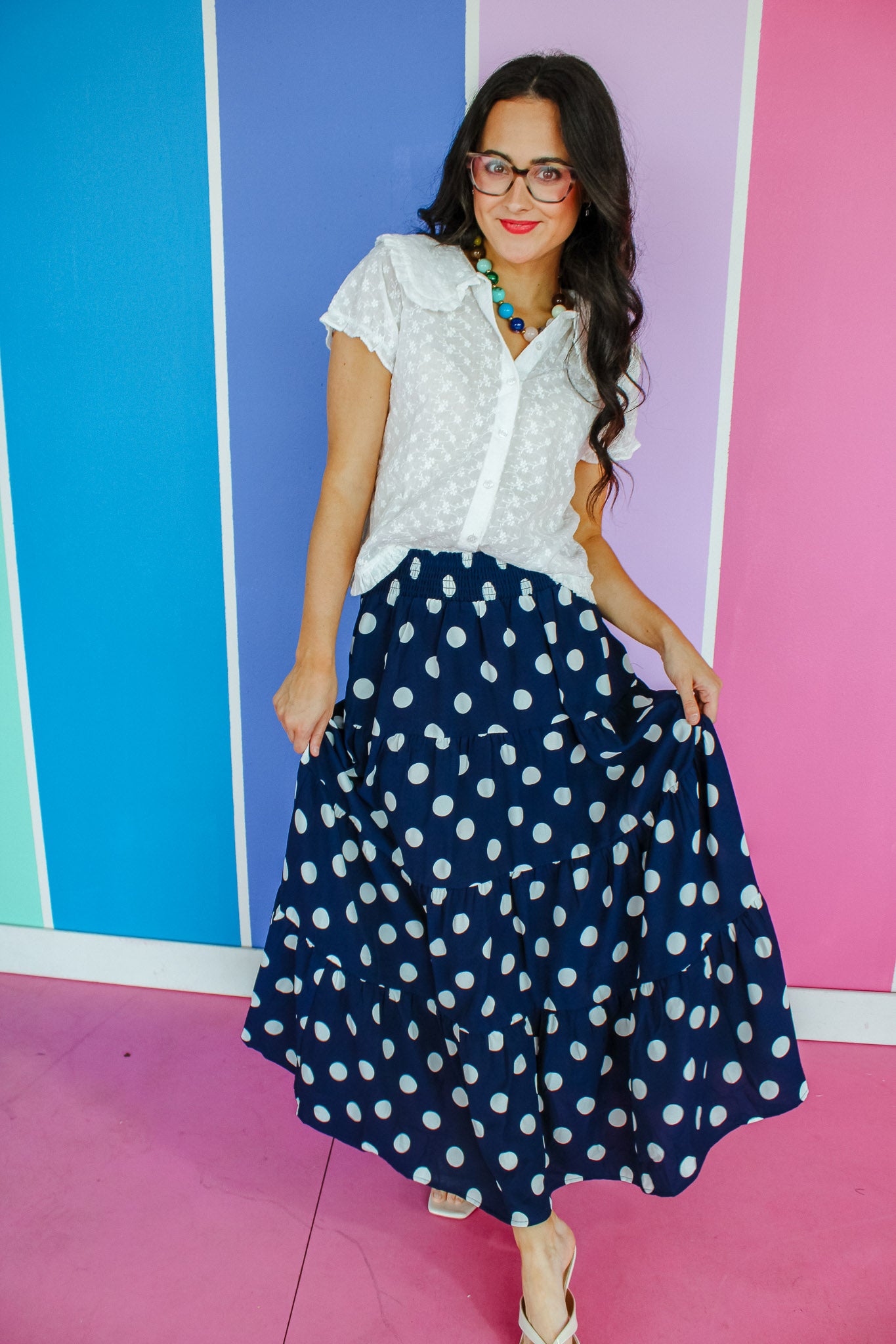 Nicki Tiered Polka Dot Maxi Skirt - Navy