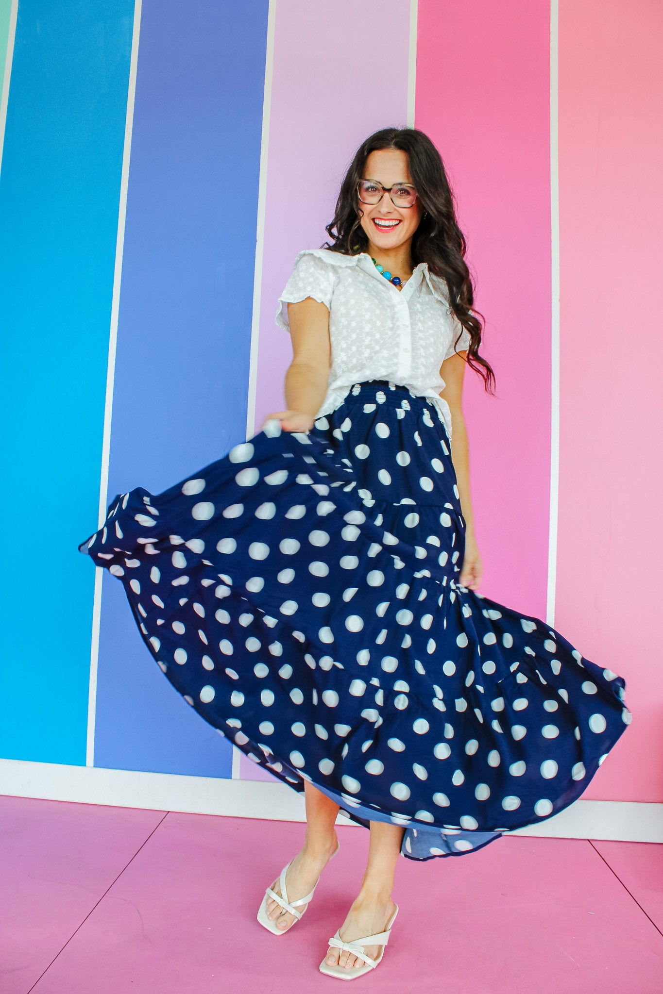 Nicki Tiered Polka Dot Maxi Skirt - Navy