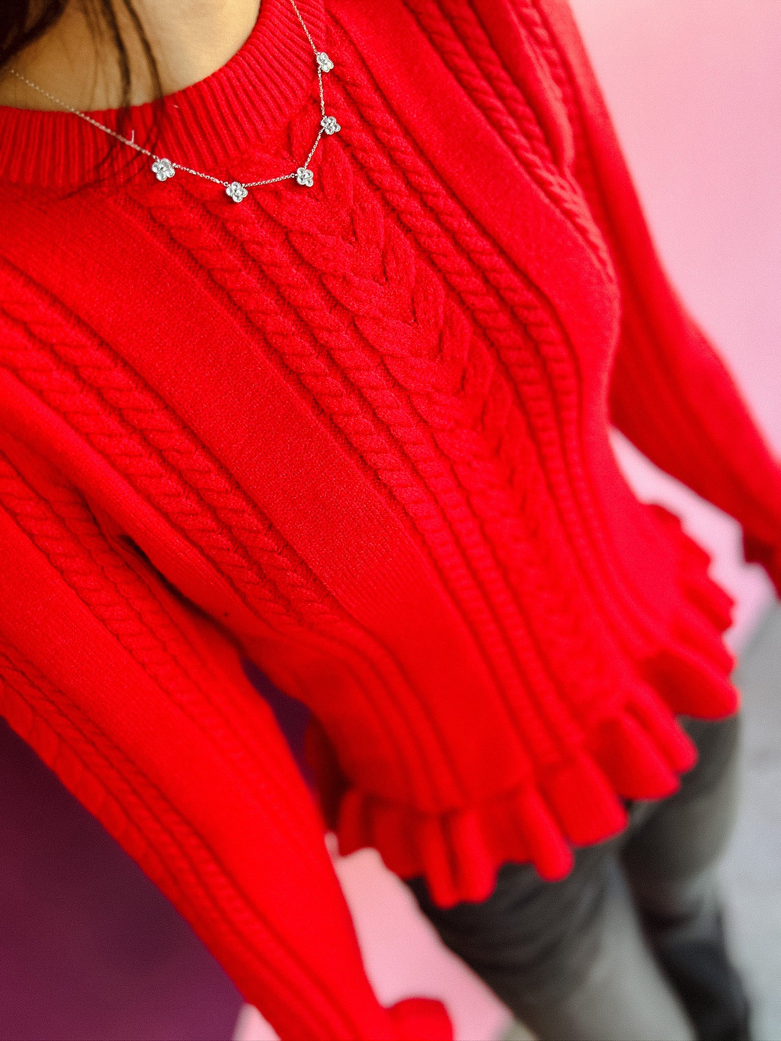 Joelynn Ruffle Cropped Sweater - True Red