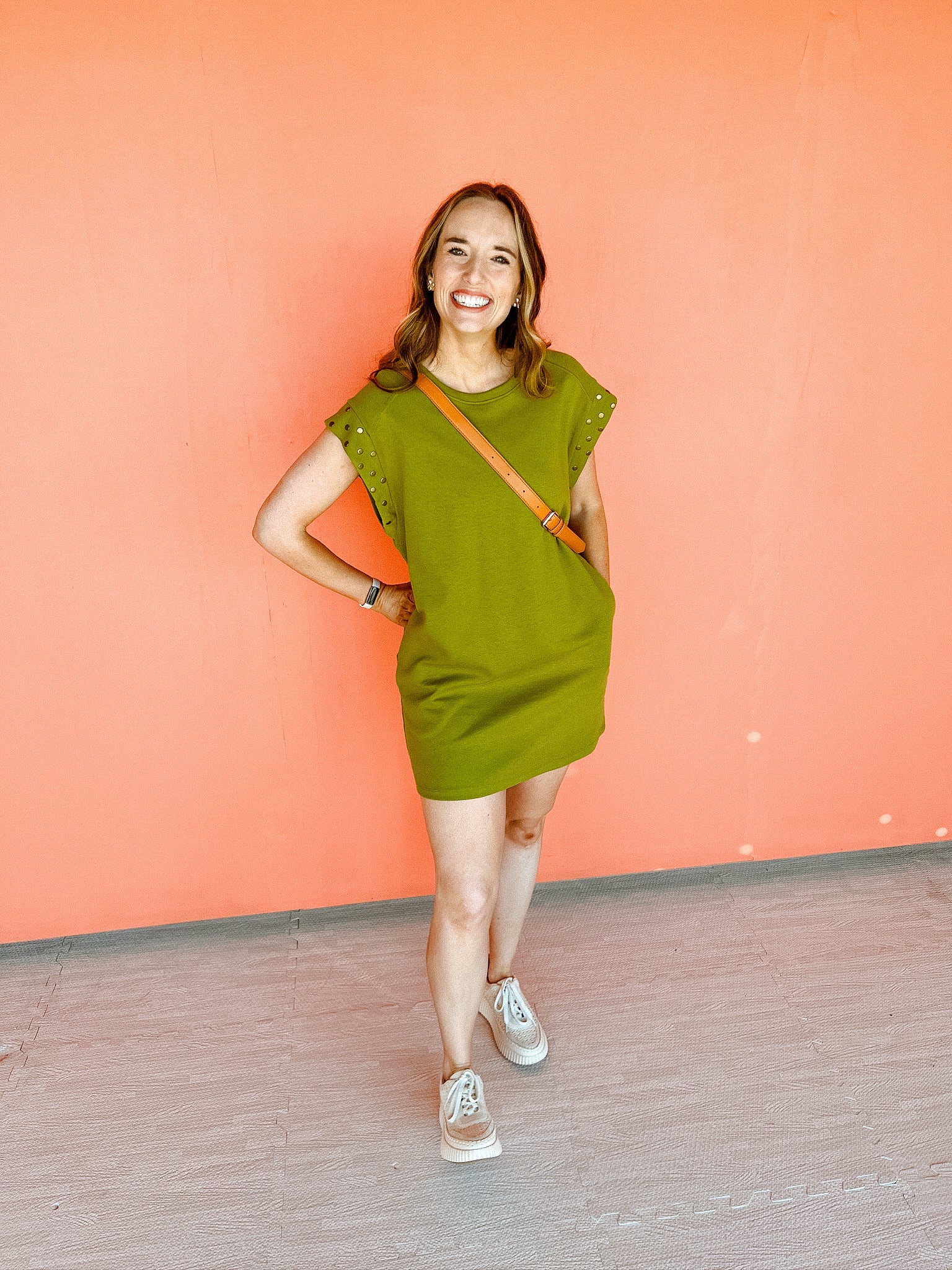 Ellen Studded Sleeve Dress - Moss Green