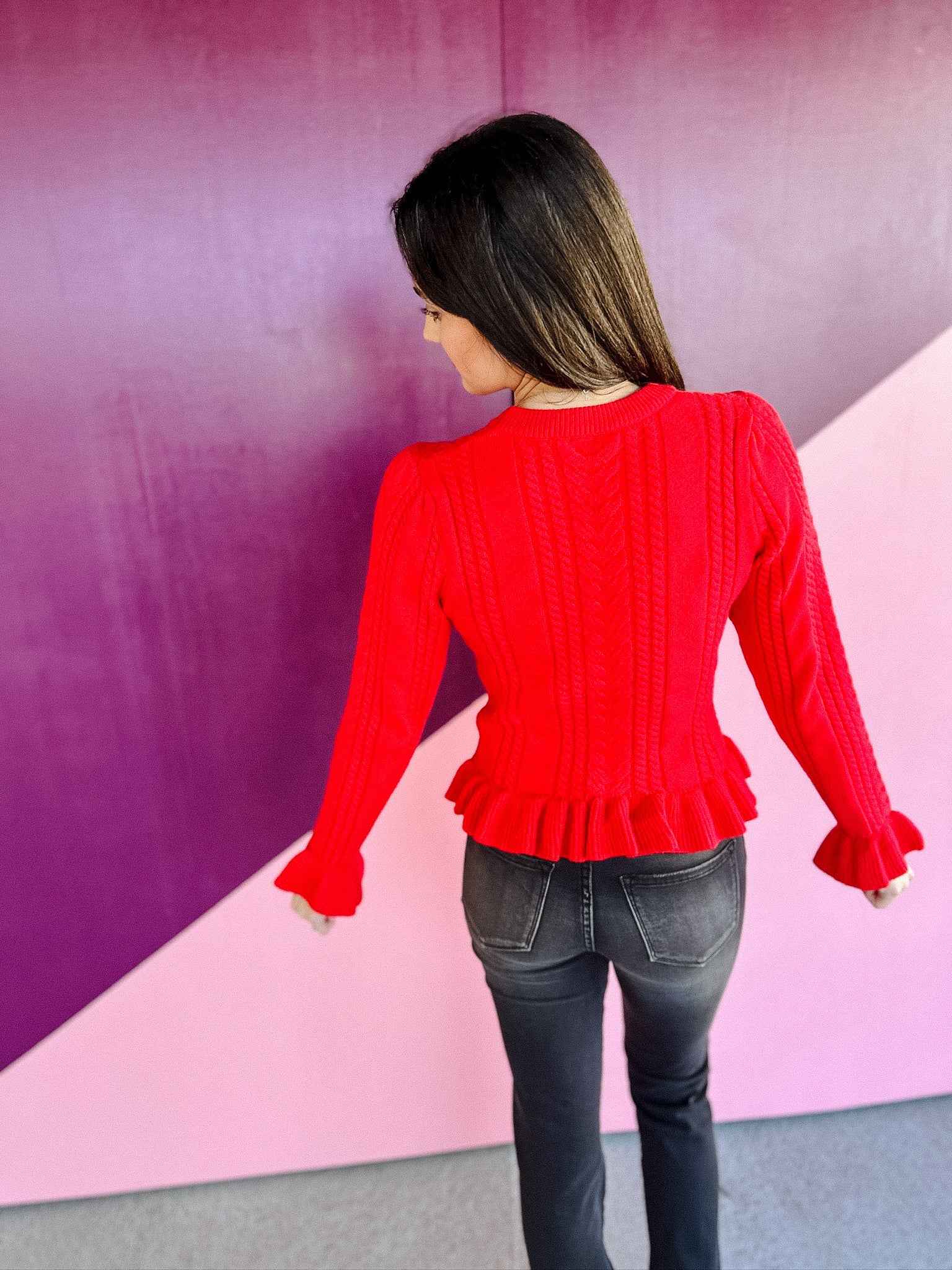 Joelynn Ruffle Cropped Sweater - True Red
