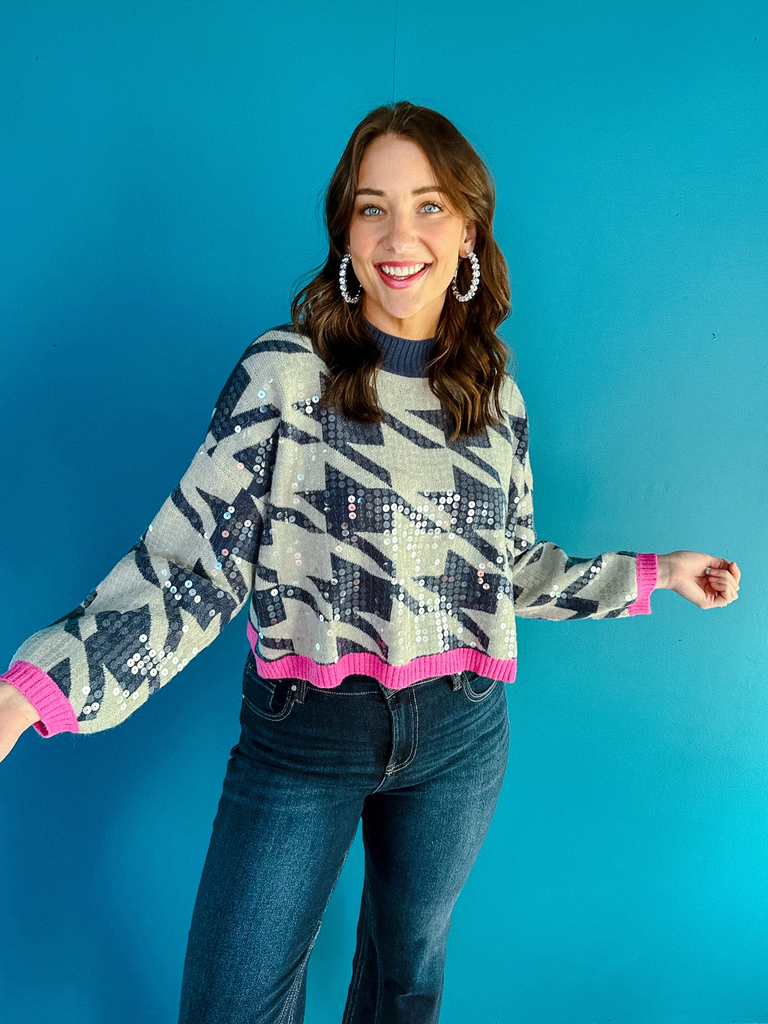 Marie Houndstooth Sweater - Navy + Light Grey + Bright Pink