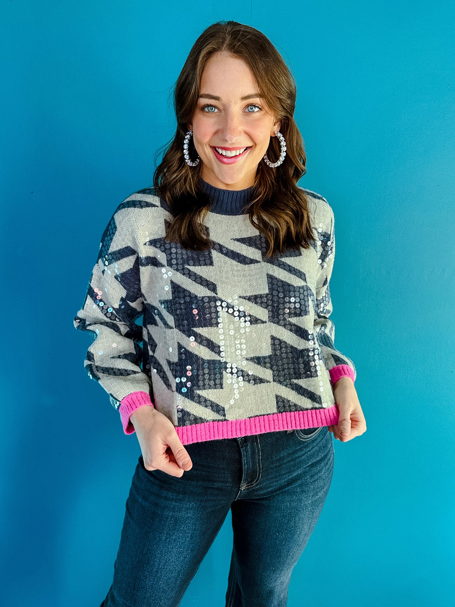 Marie Houndstooth Sweater - Navy + Light Grey + Bright Pink