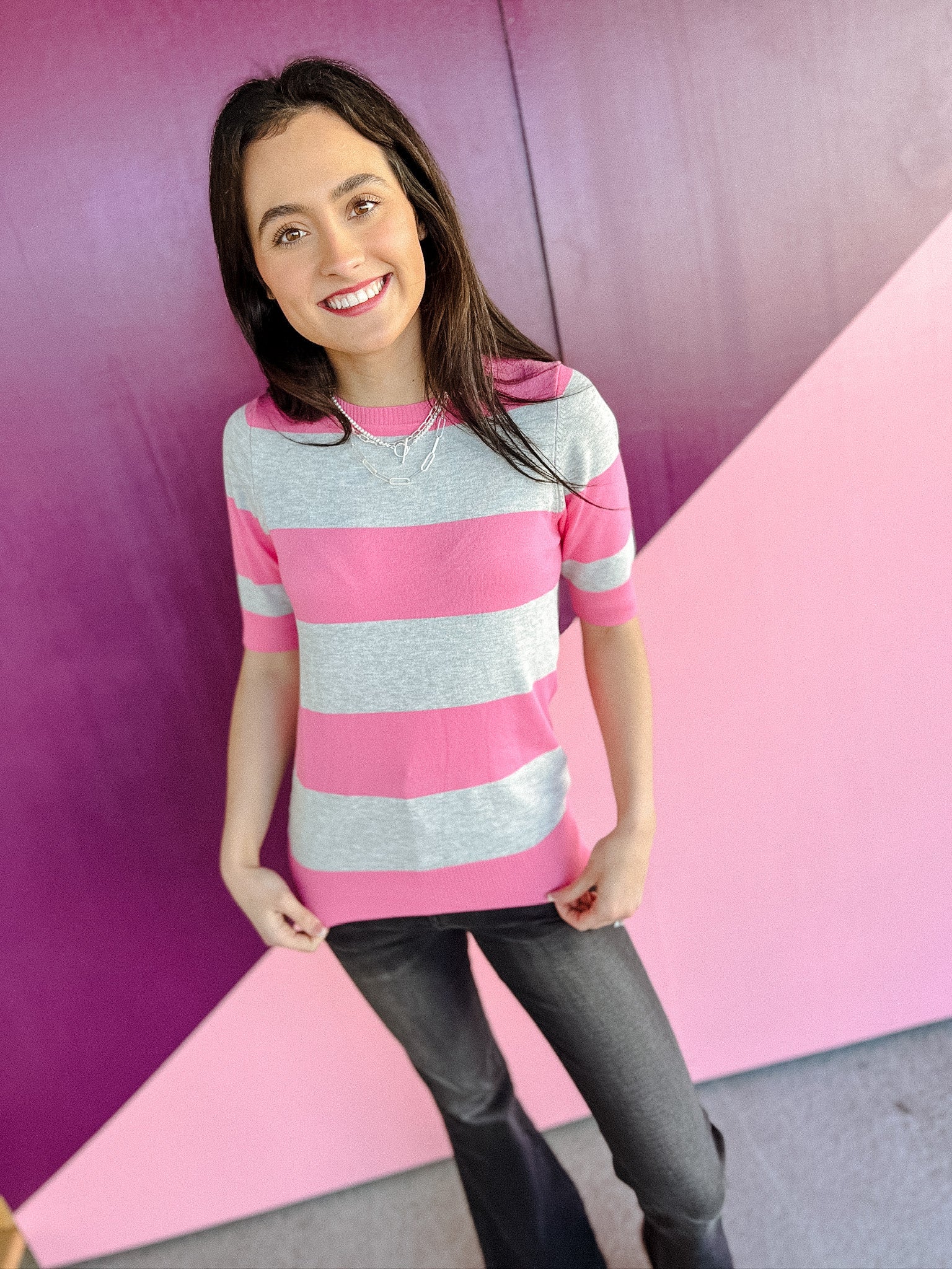 Stanton Short Sleeve Striped Sweater - Shocking Pink + Dove Grey