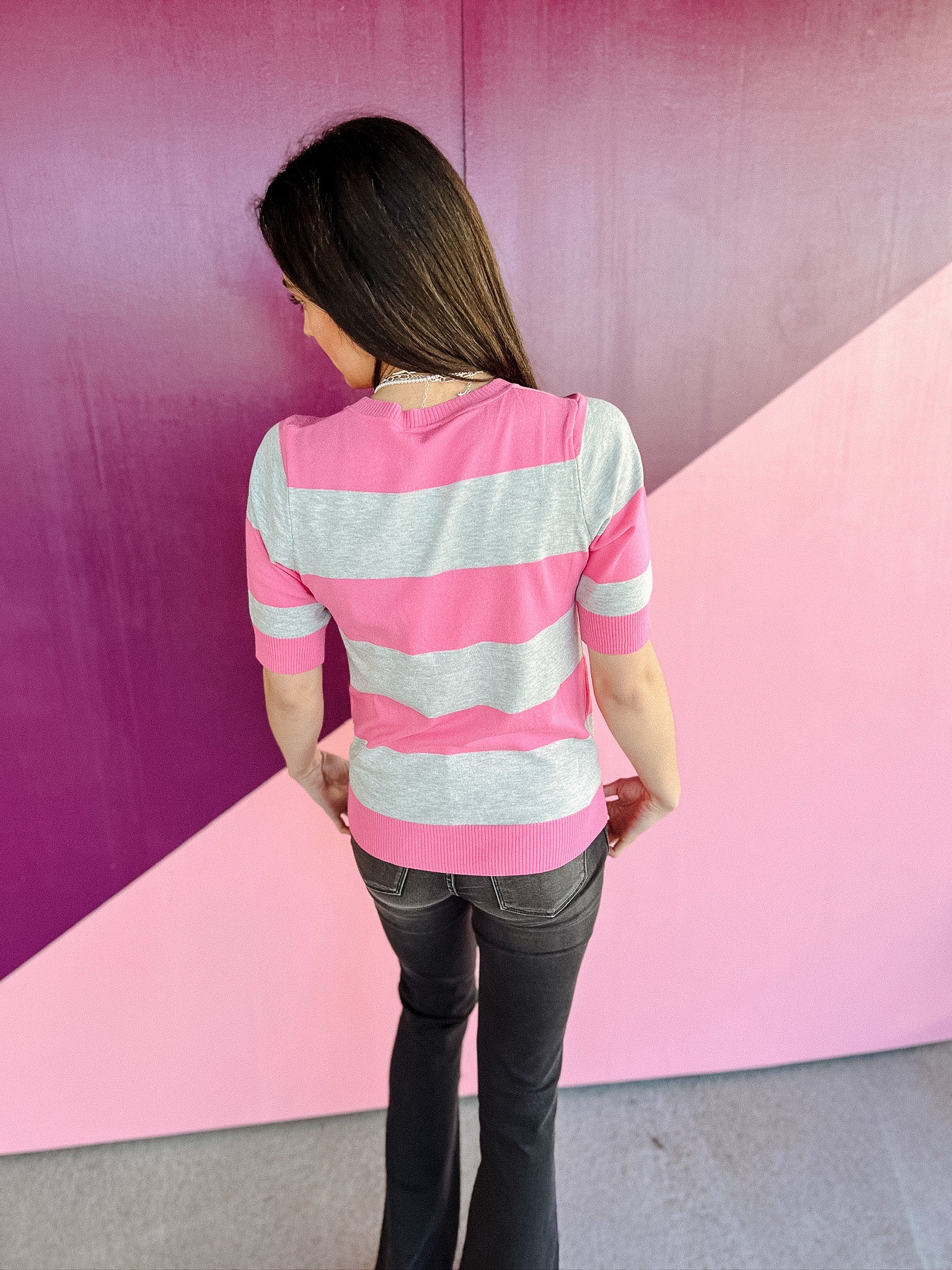 Stanton Short Sleeve Striped Sweater - Shocking Pink + Dove Grey