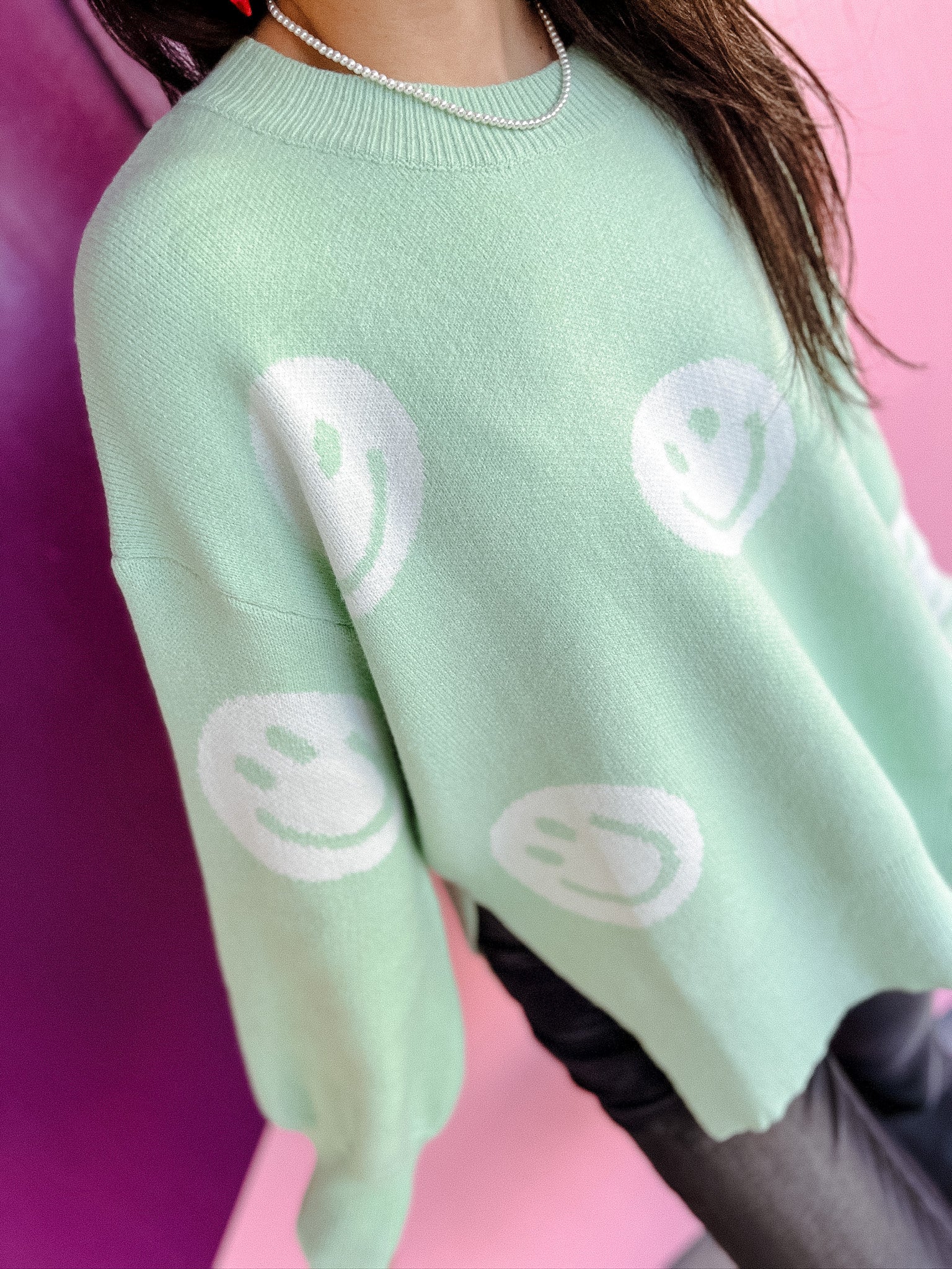Trinity Happy Face Sweater - Pastel Jade/Ice Green