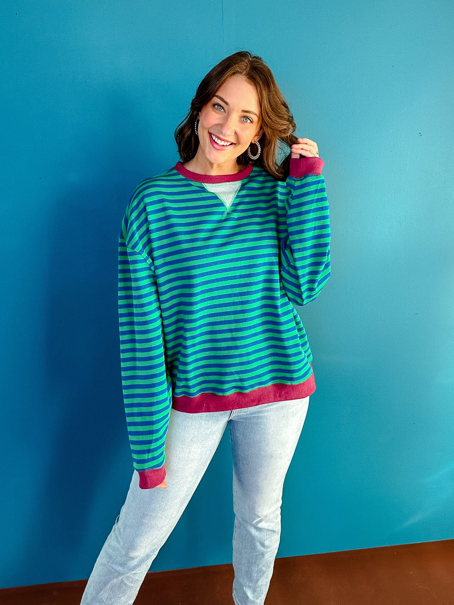 Emersyn Striped Oversized Sweatshirt - Plum + Emerald + Cornflower