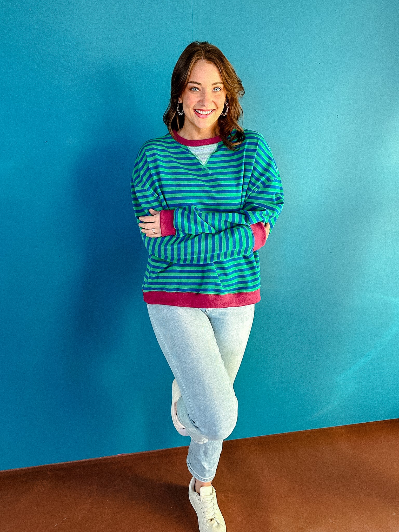 Emersyn Striped Oversized Sweatshirt - Plum + Emerald + Cornflower