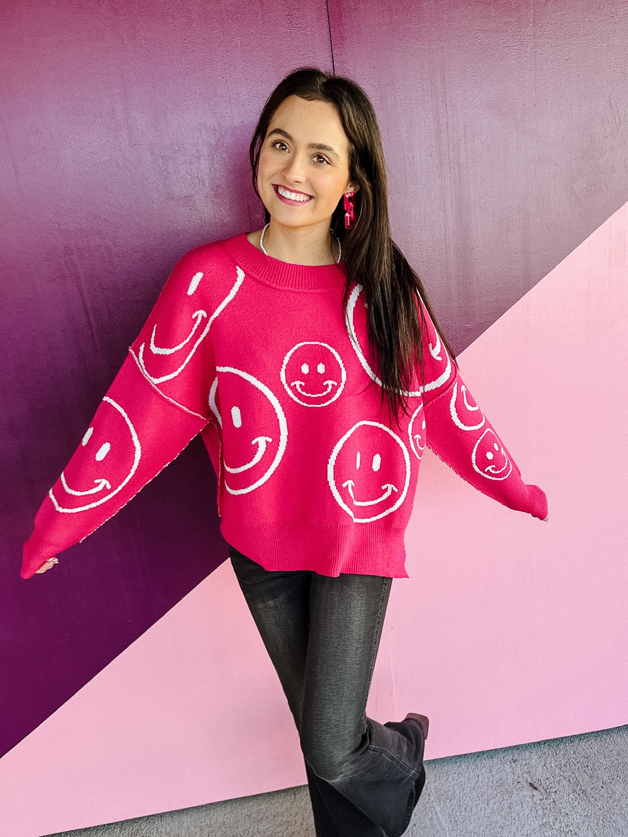 Eloise Happy Face Sweater - Raspberry + Soft White