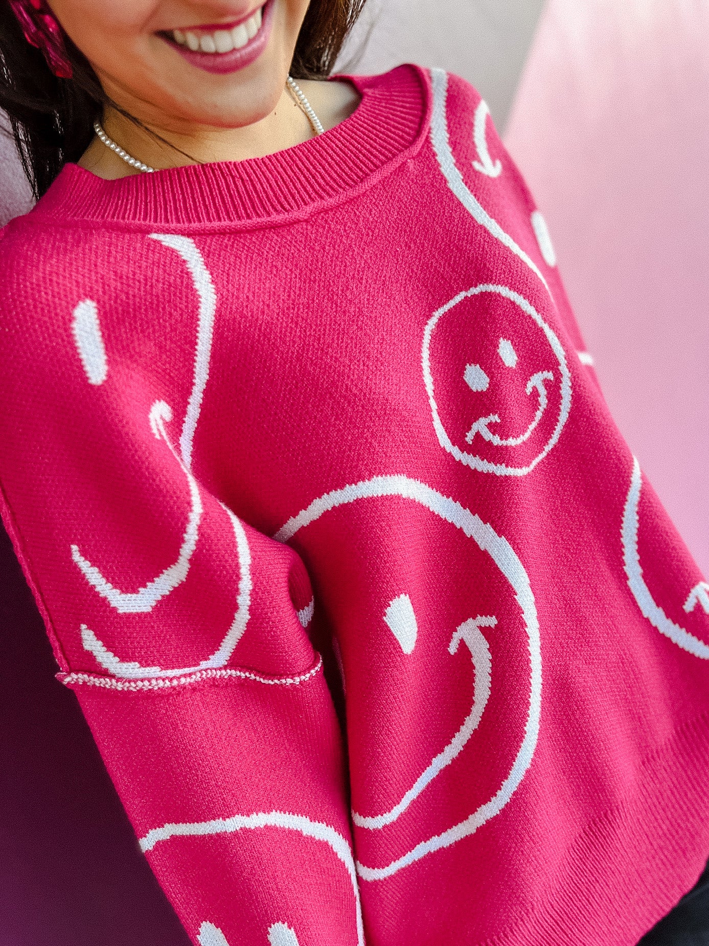 Eloise Happy Face Sweater - Raspberry + Soft White