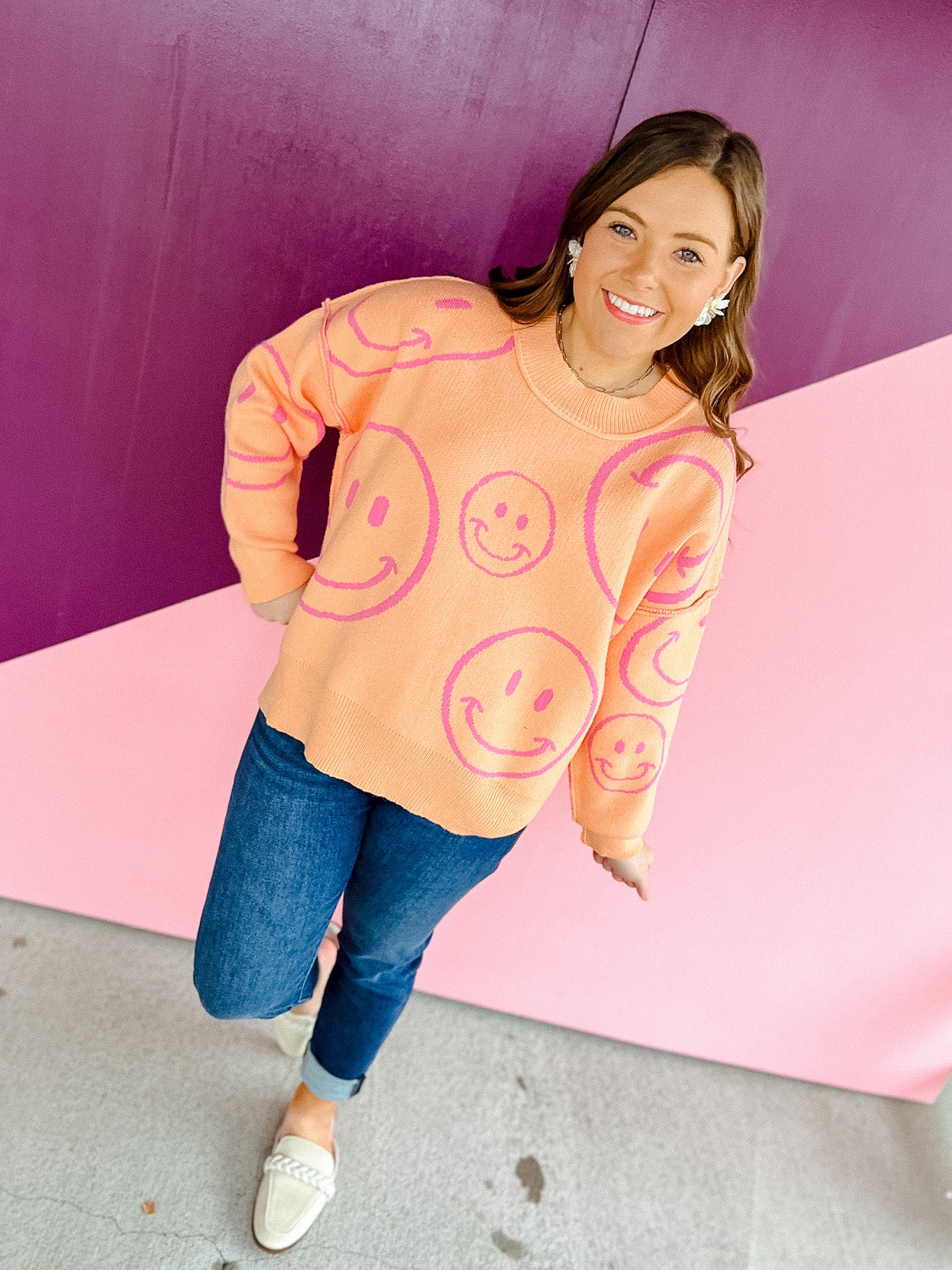 Eloise Happy Face Sweater - Tangerine + Pink