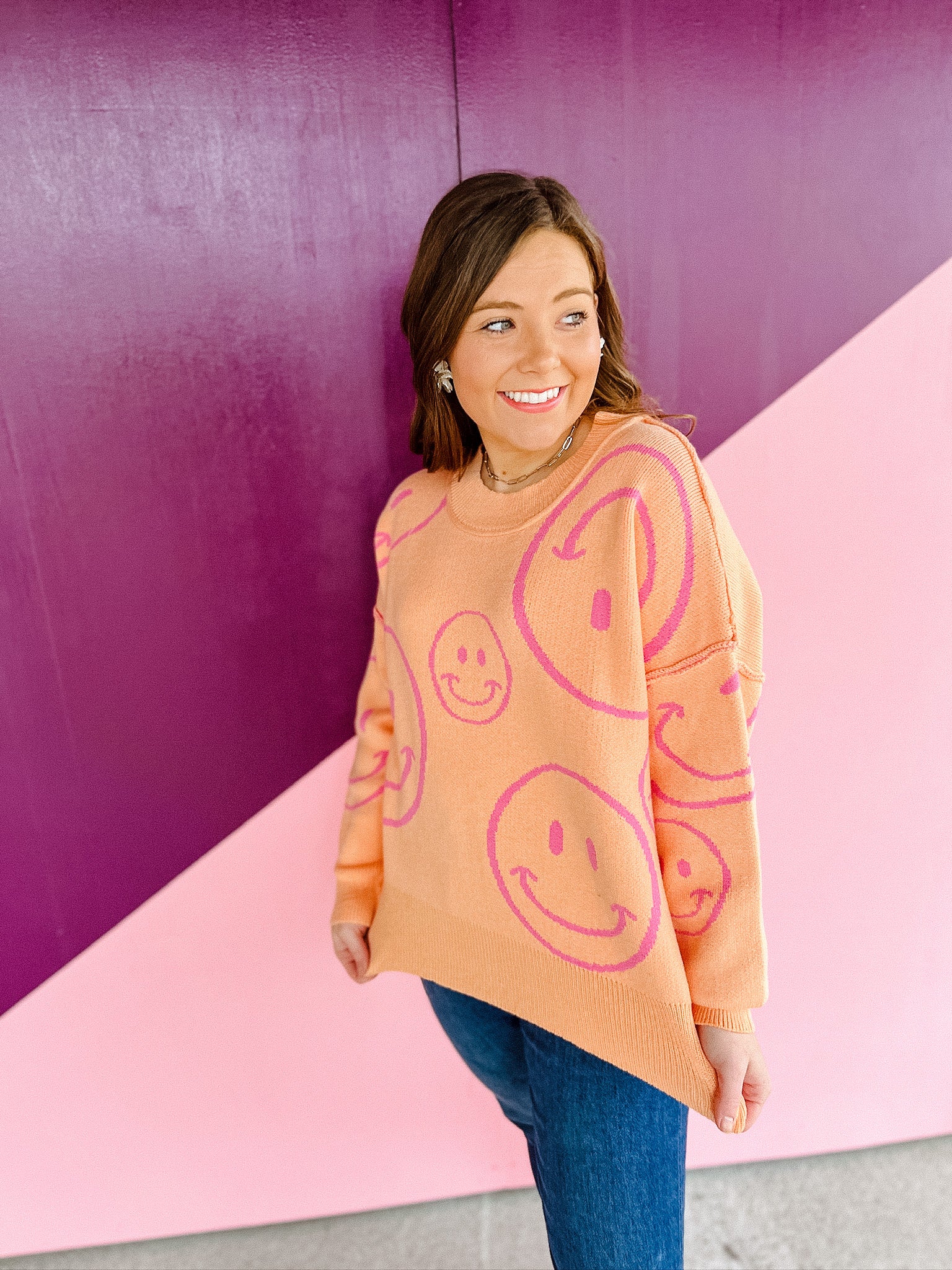 Eloise Happy Face Sweater - Tangerine + Pink